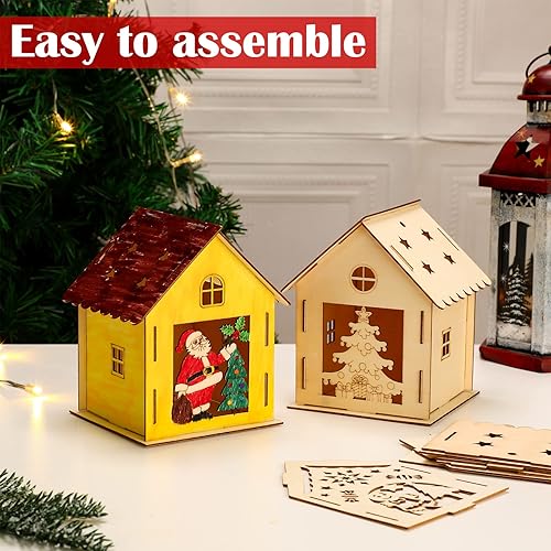 Miniatura 4 de Kathfly 18 juegos de casas de Navidad de madera y 12 bolígrafos de acuarela, graffiti de Navidad, manualidades, casas de jengibre, adornos de árbol
