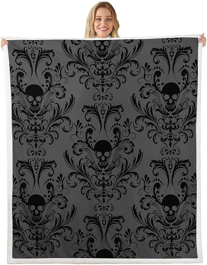 Erosebridal Adults Black Damask Throw Blanket Antique Victorian Baroque Blanket Gothic Vintage Floral Fleece Blanket Exotic Sugar Skull Blanket 40