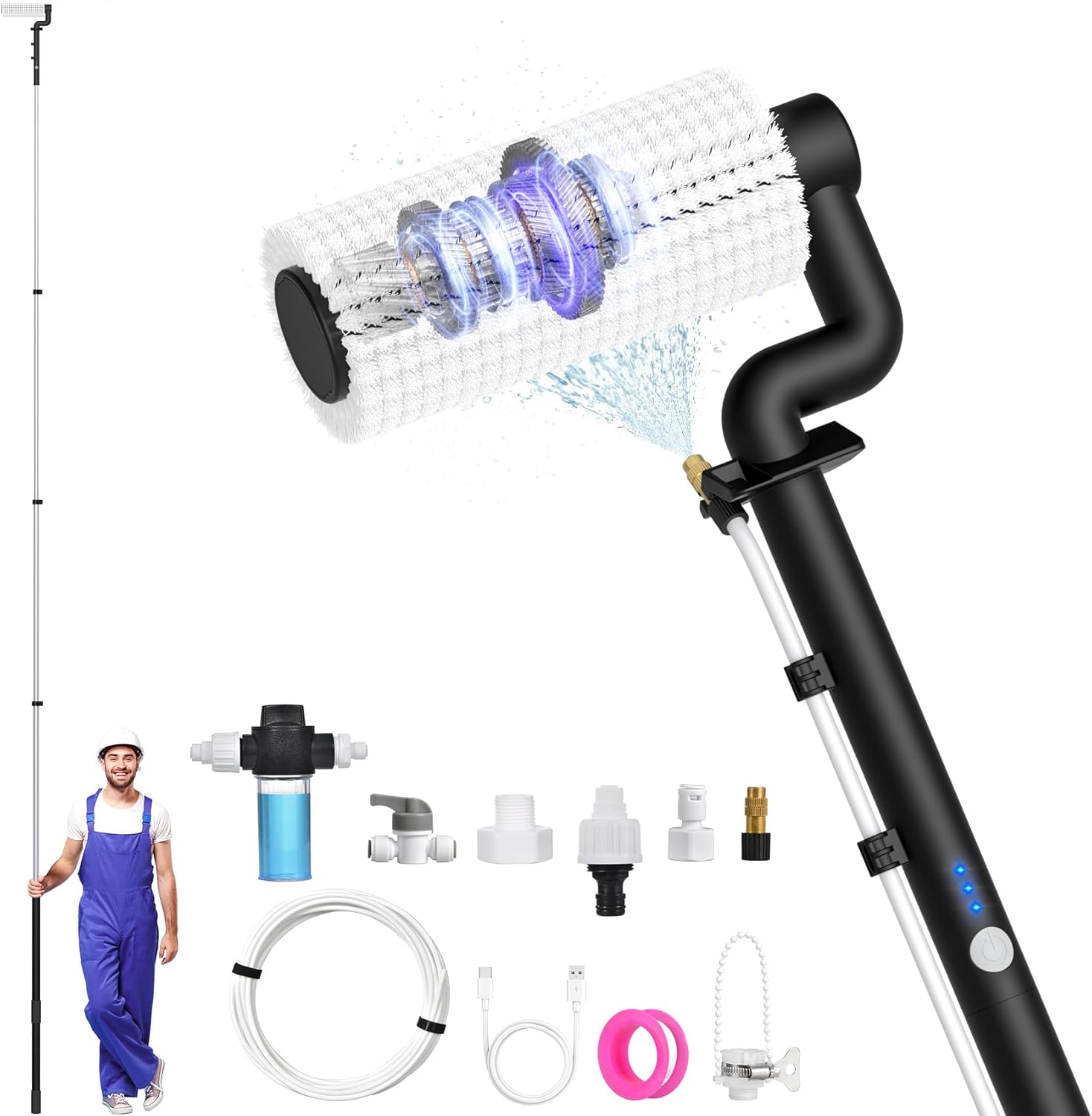 Electrical Photo voltaic Panel Cleansing Package, 20FT Photo voltaic Panel Cleansing Brush and Pole with Cleaning soap Dispenser, Telescopic Water Fed Pole, 100Mins Runtime, Photo voltaic Panel Cleaner Answer for Home windows, Roof (Black)