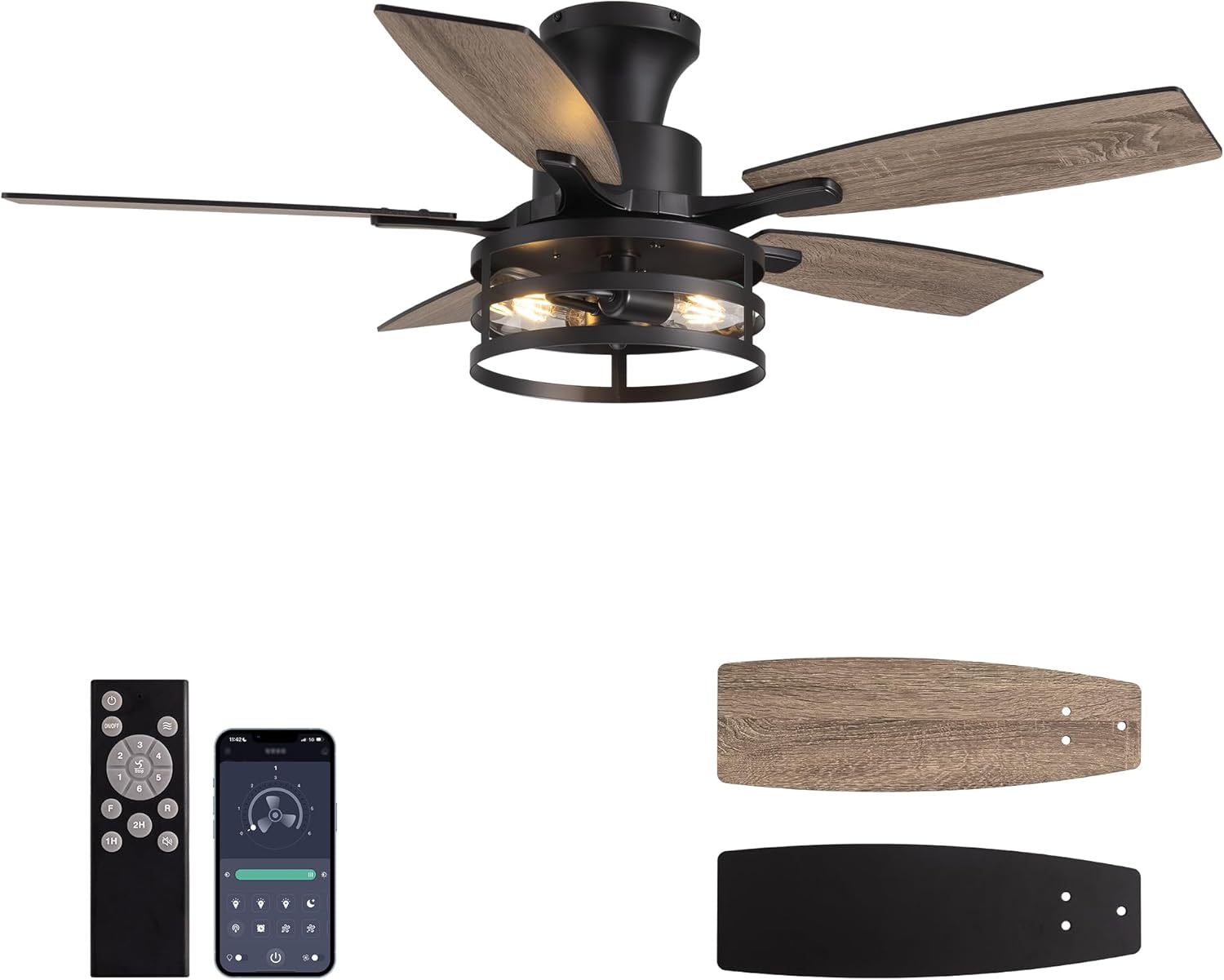 42 Inch Flush Mount Ceiling Fans with Lights and Remote Control, Low Profile Farmhouse Ceiling Fan for Bedroom Living Room and Patio, Black Caged Ceiling Fan for Indoor and Outdoor Glory 42 Inch