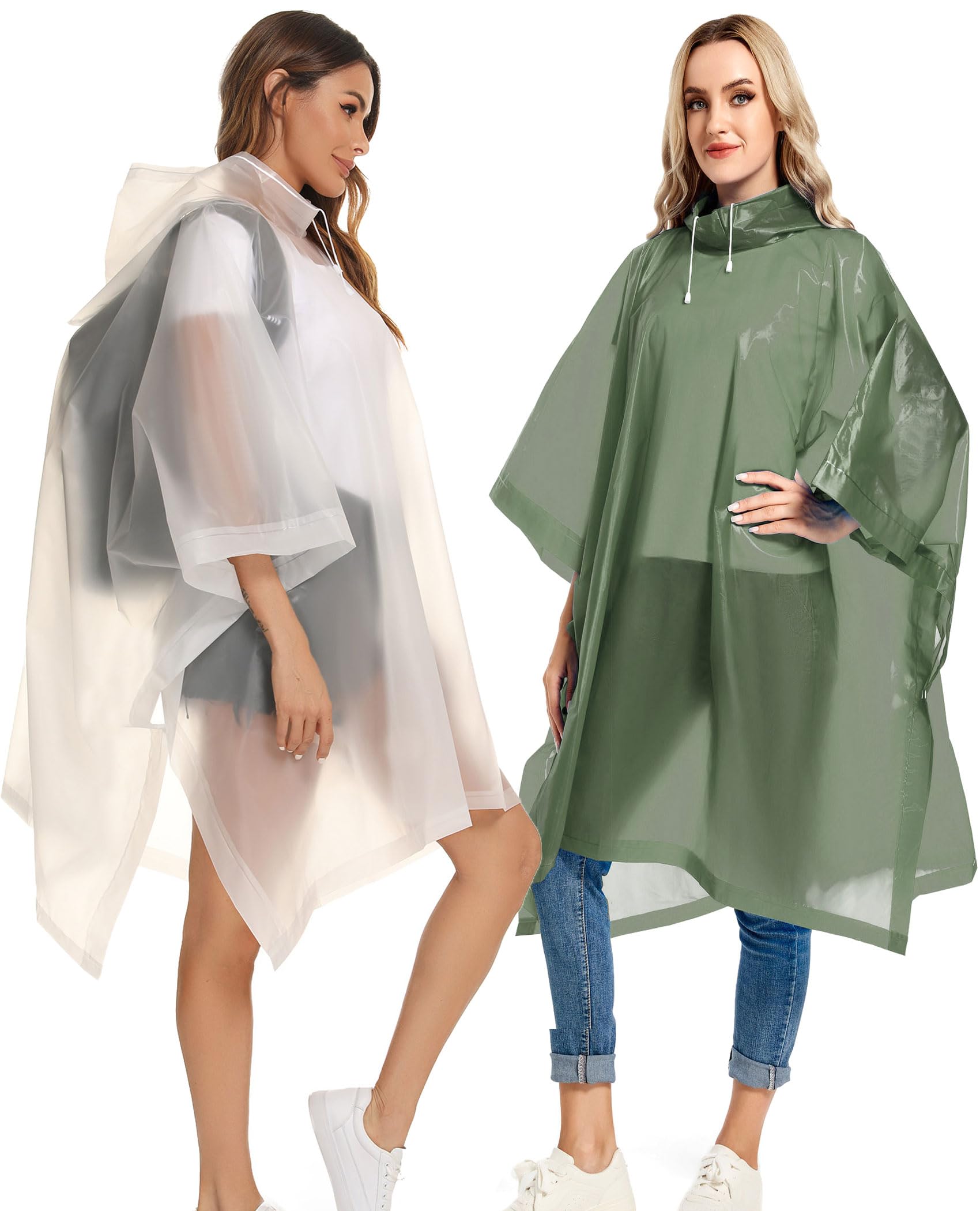 Reusable Rain Ponchos with Drawstring Hood for Adults, Waterproof Thicken Rain Coat, 2 Packs