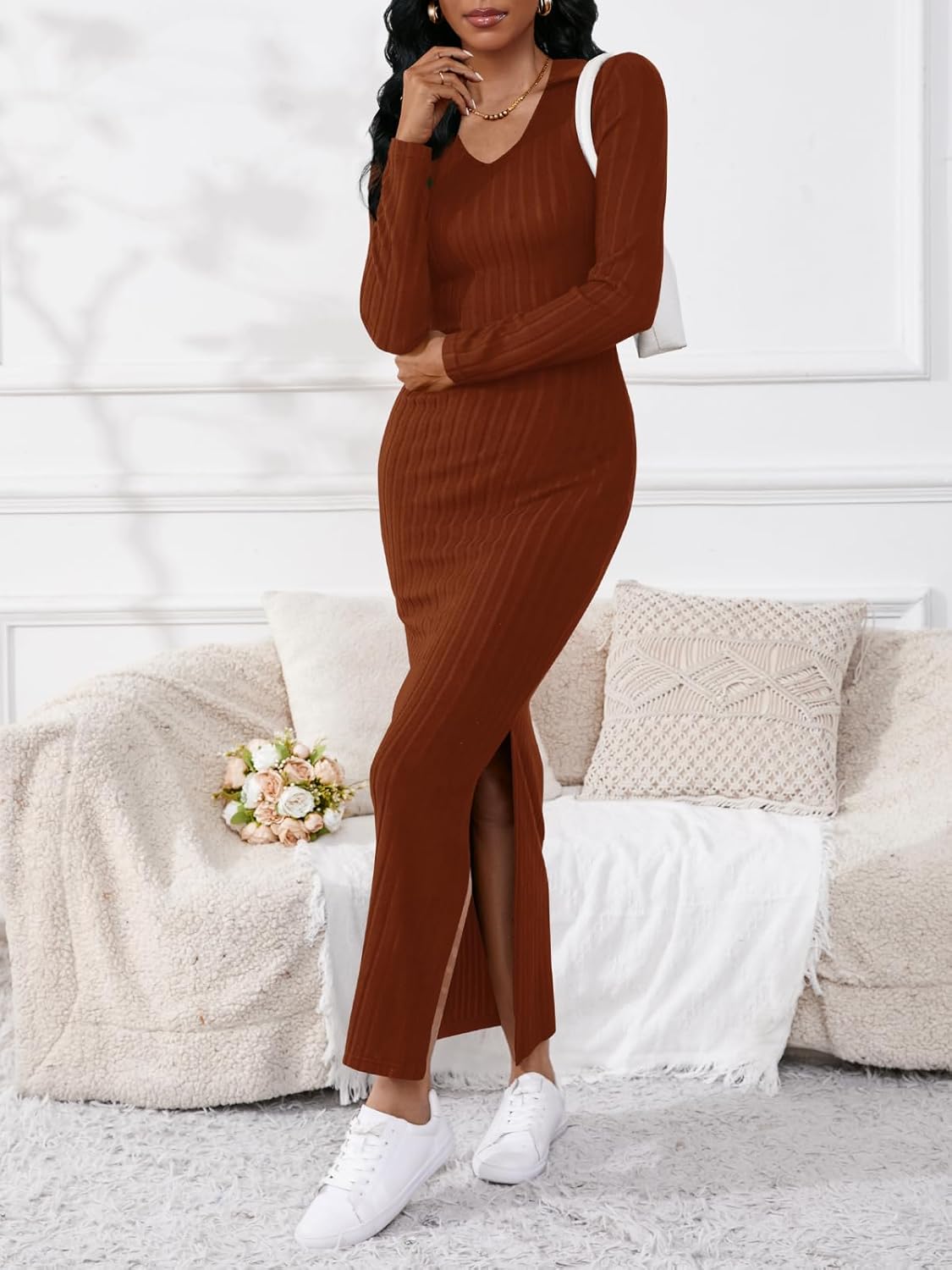 Women's Casual Long Sleeve Collar V Neck Maxi Sweater Dress Sexy Slit Thigh Ribbed Knit Bodycon Pencil Dresses - Image 5