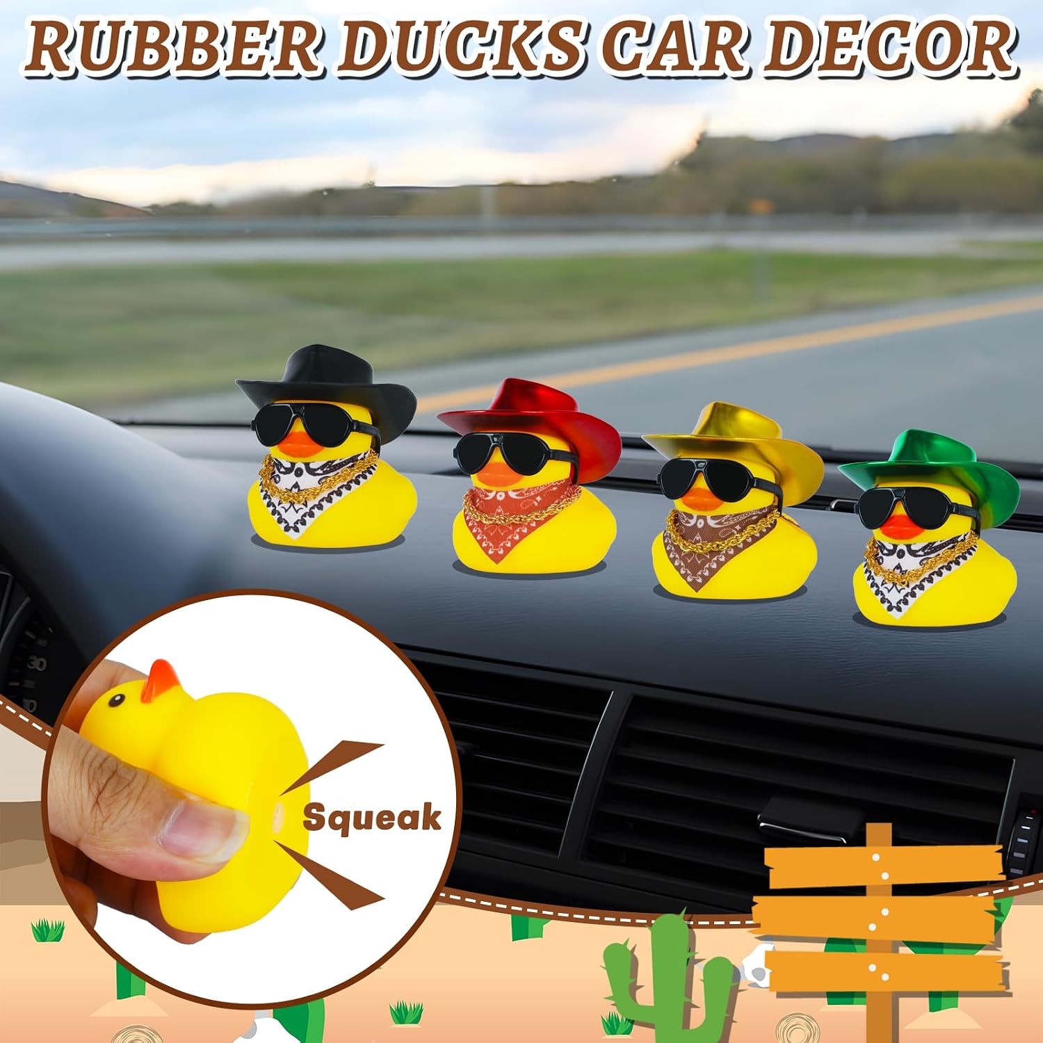 Rubber Duck with Golden Cow-boy Hat Glitter,Squeaky Duck for Jeep Ducking Car Dashboard Decoration with Golden Necklace，Paisley Bandanas and Sunglasses image 3