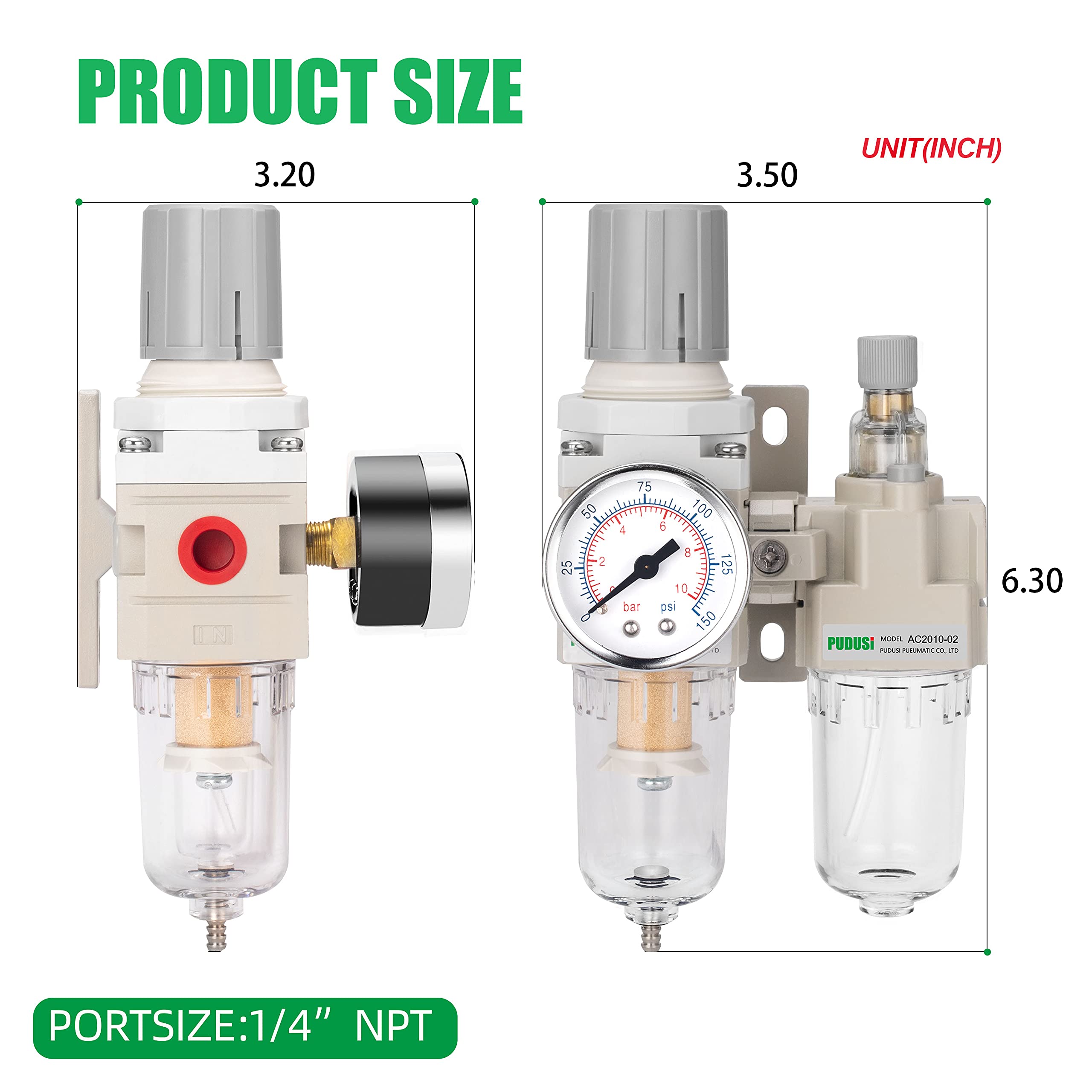 1/4" NPT Filtro Aria Compressa Regolatore Lubrificatore Combo, Compressore D'aria Separatore Dell'acqua, 0-150 PSI Calibro, Elemento Ottone 5 Micron