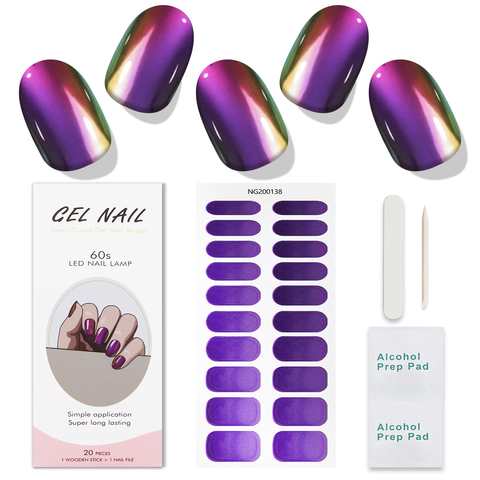 JMEOWIO Gel Nail Stickers Purple Laser Semi Cured Gel Nail Strips Wraps UV/LED Nails Art Design Decoration Accessories
