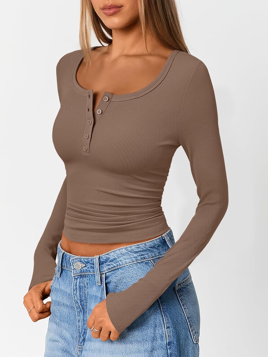 Trendy Queen Long Sleeve Shirts for Women Henley Ribbed Fall Tops Dressy Business Casual Teen Girl Winter Cute Basic Tees - Image 3