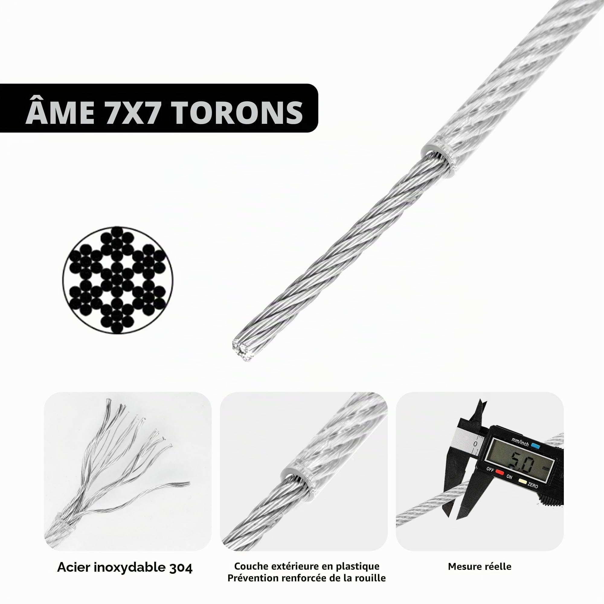 Câble métallique en acier inoxydable de 10 m, 5 mm avec revêtement en PVC, kit de câbles robustes de 7 x 7 brins avec 10 pinces pour jardin, extérieur