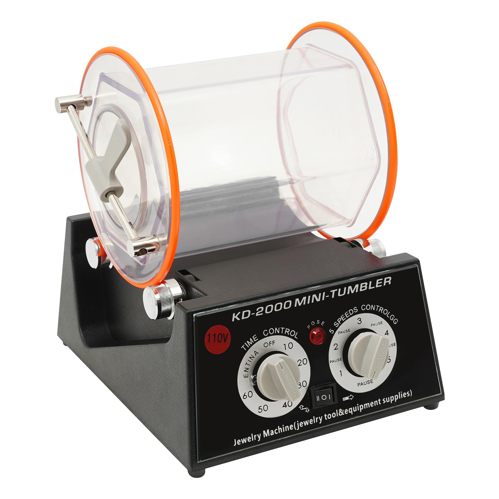 FiueStur 60W Jewelry Polishing Machine - 5-Speed Rotary Rock Tumbler with Clear Barrel & 3000RPM Motor for Silver Rings/Coins Polishing in Home Studios (110V/US Plug, 5kg Capacity)