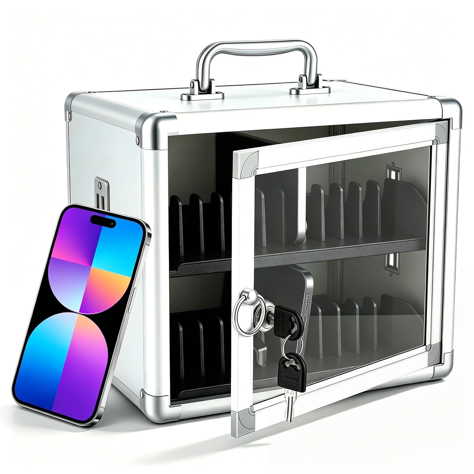 Gorgelulu Phone Locker, 24-Slot Lockable Storage Box for Classroom Office Gym, Aluminum Alloy Phone Lock Box with Steel Corners & ABS Dividers, Wall-Mounted Portable with Carry Handle & Keys