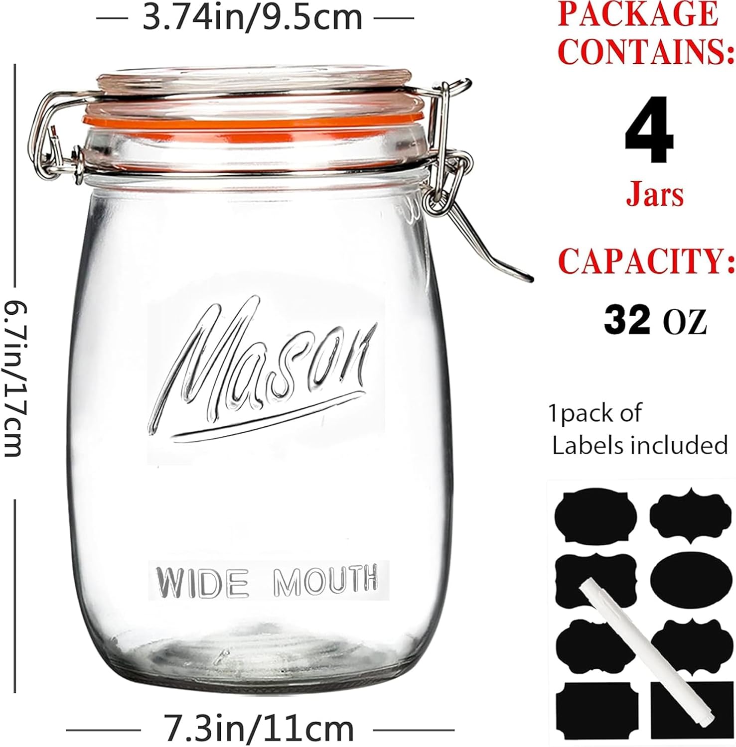 Wide Mouth Glass Jars with Airtight Lid 32OZ 4 Pack, Kitchen Storage Large Clear Canister Jars with Hinged Lid with Measurement Marks For Canning,Coffee,Flour,Sugar,Beans - Image 2