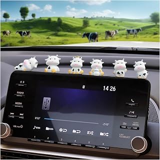 6 Pack Cute Cow Car Dashboard Mini Ornaments, Vehicle Rearview Mirror&Dash, TouchScreen Top/Office Desk/Home Funny Adorable Rear View Decor, Cars Interior Accessories for Women Men（Silver Horned Cow）