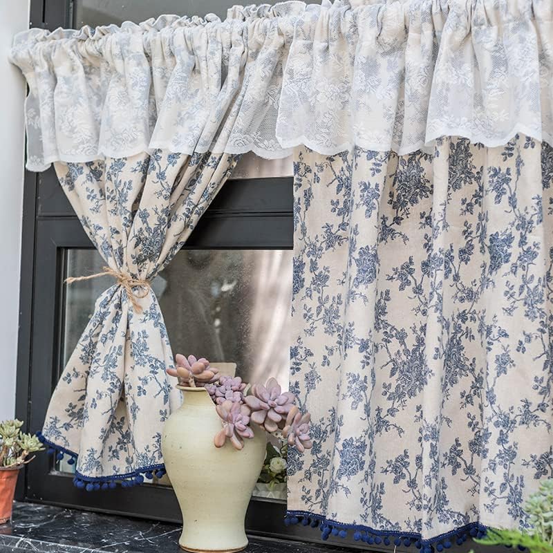 Konsilsa Kitchen Curtains, Vintage Farmhouse Cotton Linen Short Window Panel Country Cafe Semi-Transparent Tassel Small Tier Curtain Decor (Color : A, Size : 40x140cm(16x55inch))