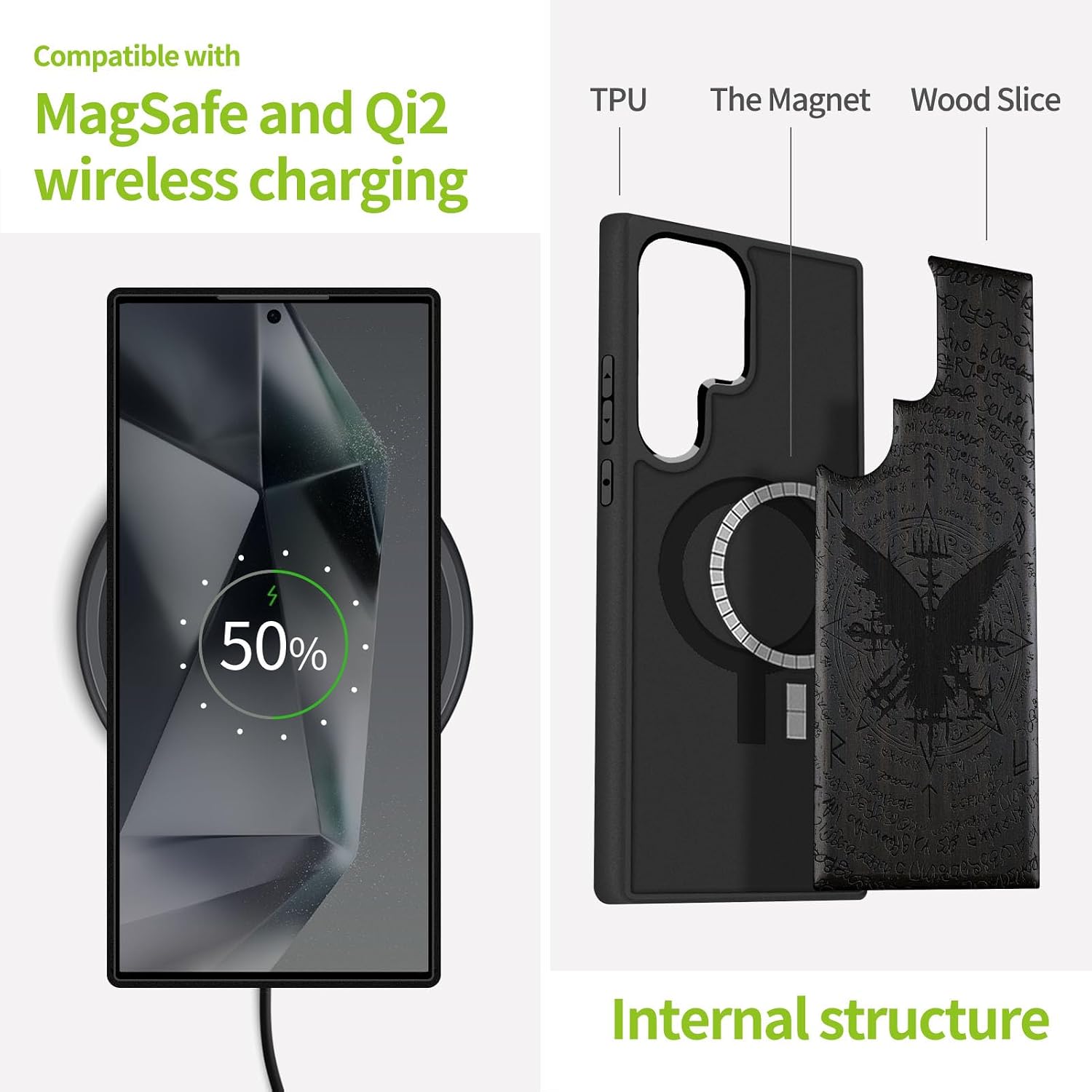 Carveit Magnetic Wooden Case for Samsung Galaxy S25 Ultra Case 2025, TPU Shockproof Cover & Wood Artisan Engraved, Compatible with MagSafe Wireless Chargers (Mystic Crow) Blackwood