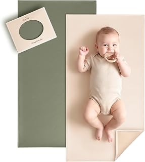 Konssy Faux Leather Waterproof Baby Changing Mat 2 Pack, Regular, 30"x17" | Wipeable & Foldable, Portable Diaper Changing Pad, Fits Diaper Bags for Travel, Home And on-The-Go Use (Fog Green,Beige)