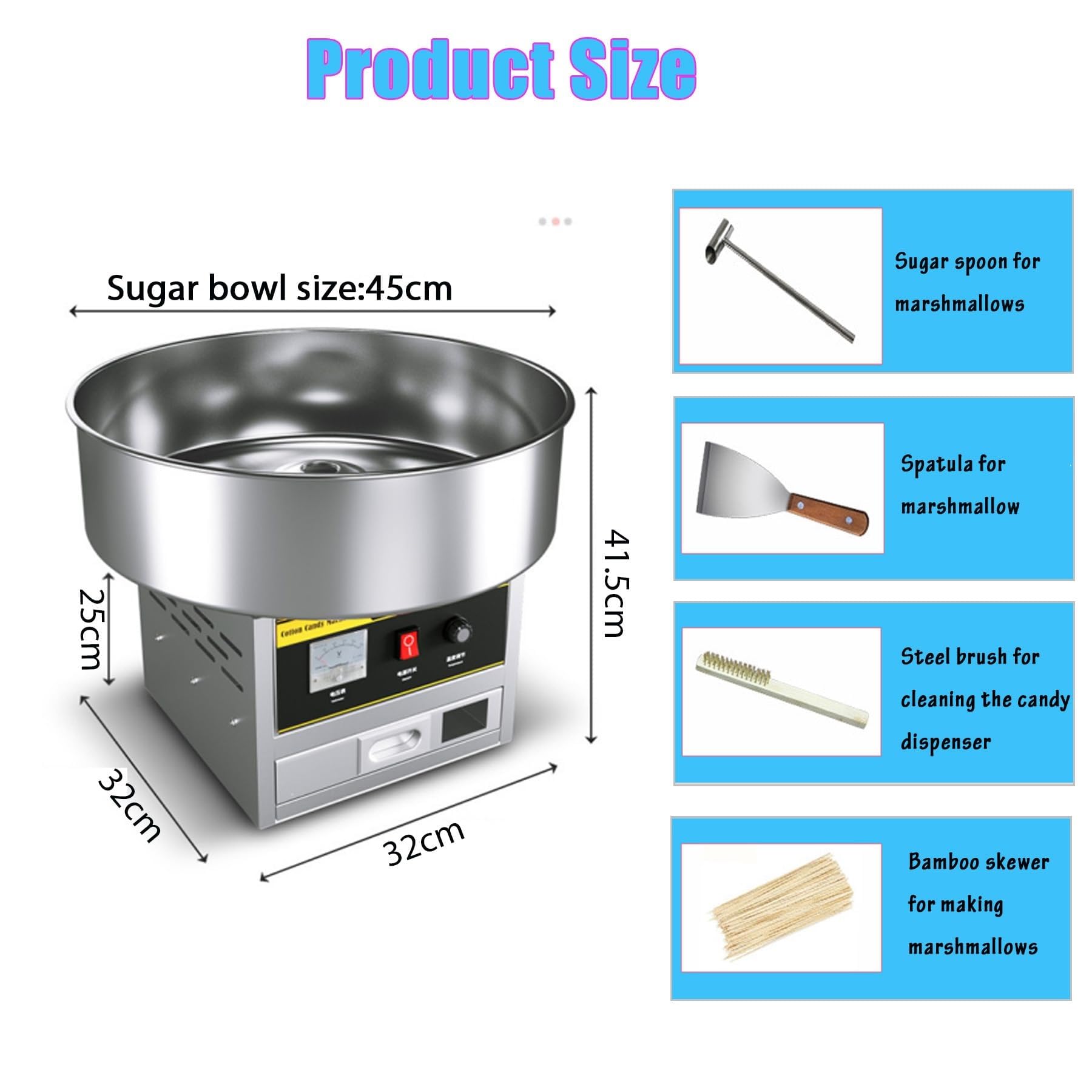 Máquina Comercial para Hacer algodón de azúcar, 1200W eléctrica, con Recipiente de Acero Inoxidable, Cuchara para azúcar y cajón de Almacenamiento, Ideal para Fiestas de cumpleaños