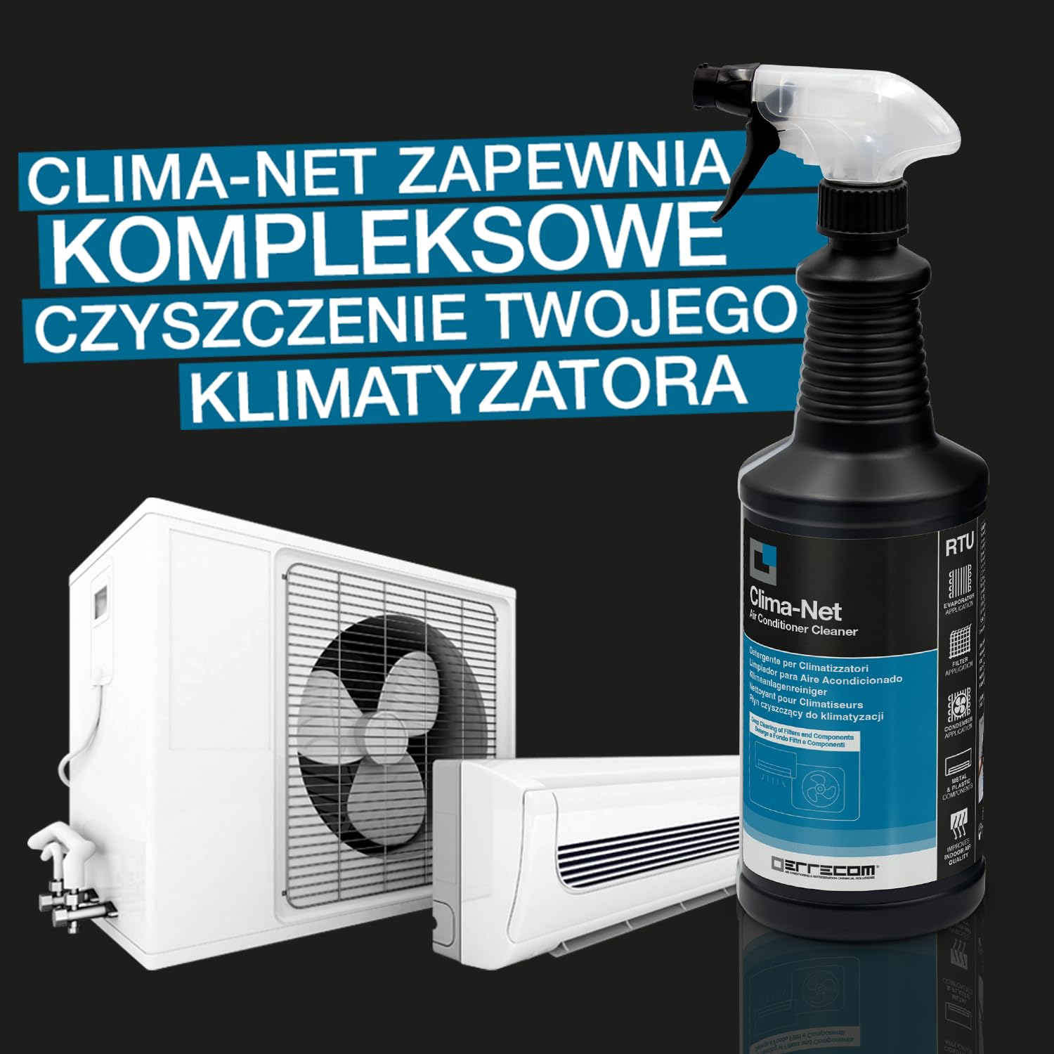 ERRECOM Zestaw do czyszczenia klimatyzatora: 1 środek Clima-Net 1l do czyszczenia klimatyzacji, filtrów, wężownic żebrowanych, jednostek zewnętrznych i 1 Wally - osłonę do czyszczenia klimatyzacji