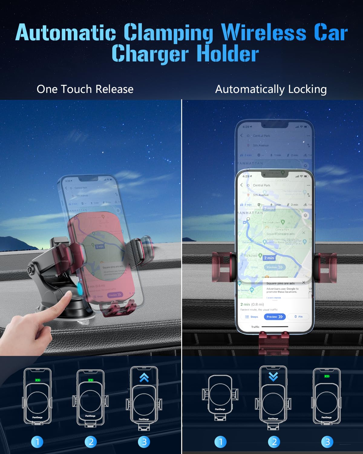 BothLin Caricabatterie da auto wireless, supporto per telefono a ricarica rapida 3 in 1, supporto per telefono con bloccaggio automatico, accessori per auto, compatibile con iPhone 17 16 15 14 13 12