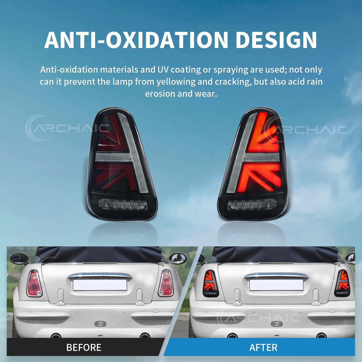 Archaic Tail Lights Compatible with 2001-06 Mini Hatch R50 R53 [One D,Cooper S,Cooper] & 2004-08 Mini Cabrio R52 [Cooper S,One],w/Startup Animation/Sequential Turn Signal,Pair