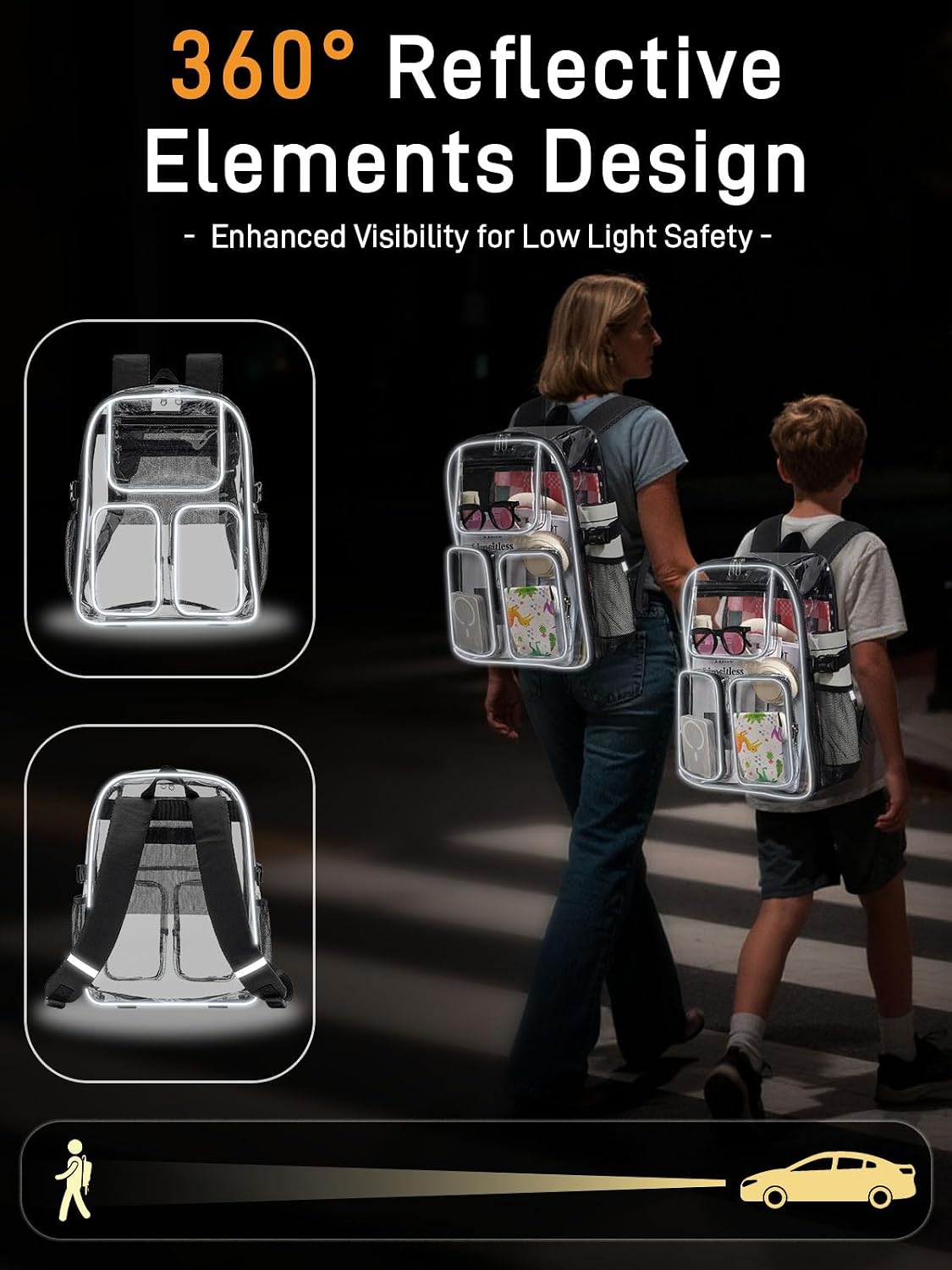 Heavy Duty Clear Backpack for Women Men Boys Girls, Large TPU Clear Bookbag Transparent See Through Backpack with 360° Reflective Strips for School Sport College Work Travel Security, Grey