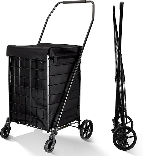 Carrito de compras plegable con forro impermeable, carrito de comestibles, bolsa grande con cubierta superior, capacidad de 100 libras, carrito