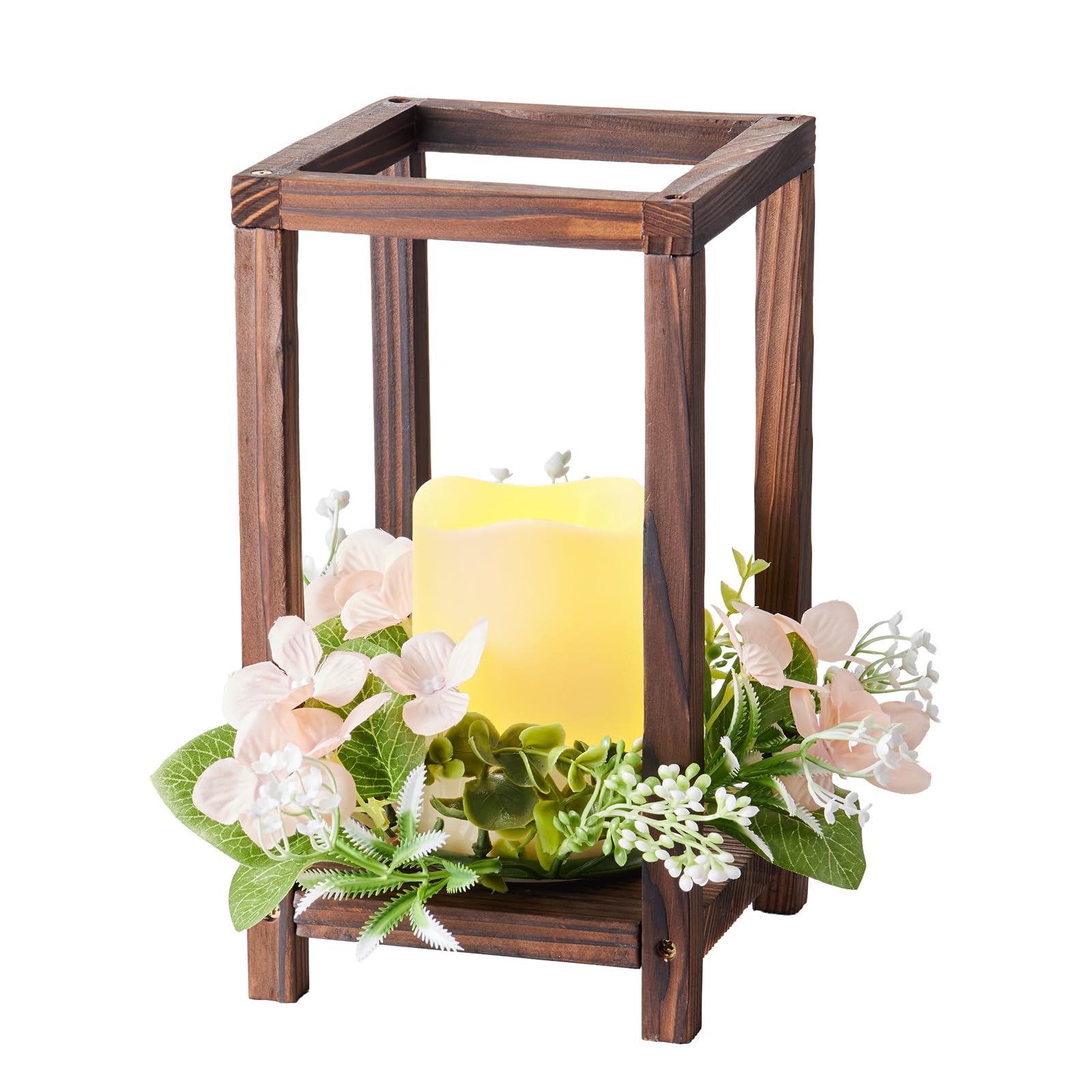 VEVOR Lanterne de Mariage en Bois, Lot de 10, Lanterne Décorative avec Bougies LED sans Flamme, Couronnes de Fleurs Artificielles, pour Centre de Table de Mariage, Fête, Décoration Intérieur, Marron