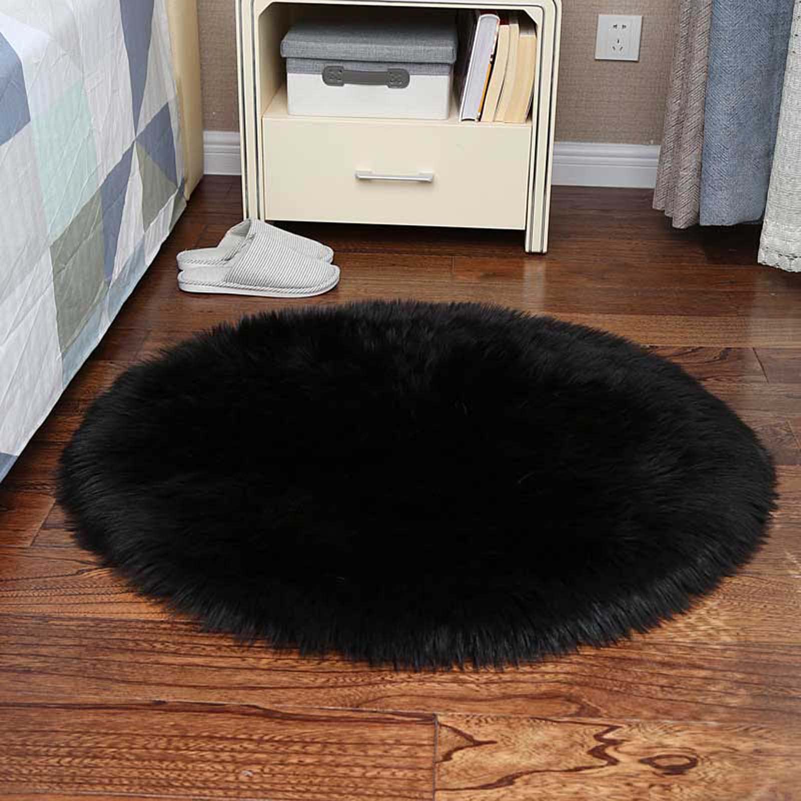 Runder Kunstfell-Teppich aus Schaffell, 140 cm, weicher, flauschiger Kreis-Teppich für Schlafzimmer, schwarzer Fell-Überwurf für Wohnzimmer, flauschiger Plüschteppich