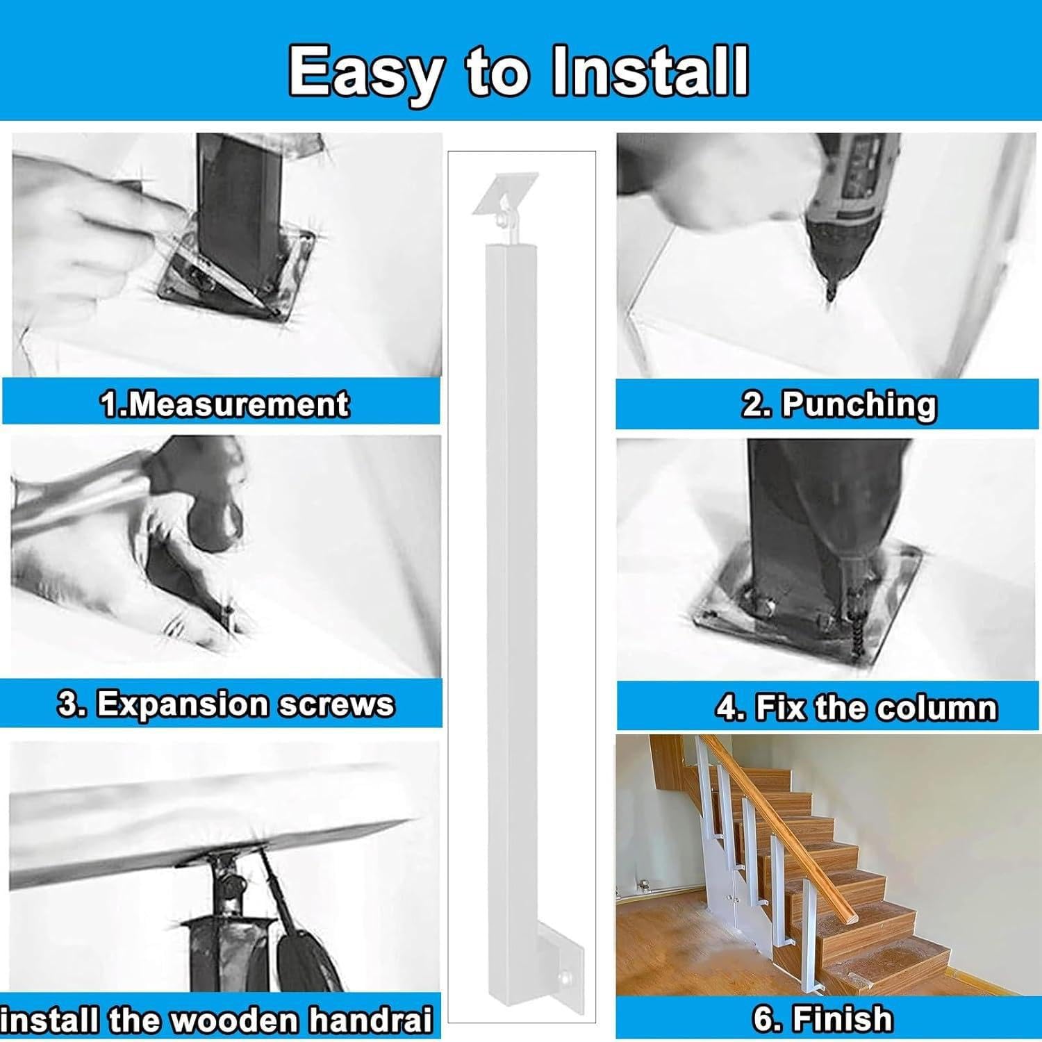 Columnas de barandilla de escaleras en el lado, columnas de barandilla de hierro cuadrado, columnas de eje principal de soporte plano ajustable de 270 °, columnas de barandilla,White-1pcs-90cm/35.4in