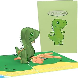Funny T-Rex Pop Up Anniversary Card | Cute Popup Dinosaur On Beach "I Love You This Much" 1st Wedding Anniversary Cards For Husband | 3D Valentines Day Card For Wife, Him, Her | Fun Paper Birthday Card For Boyfriend, Girlfriend, Mom, Dad, BF, GF