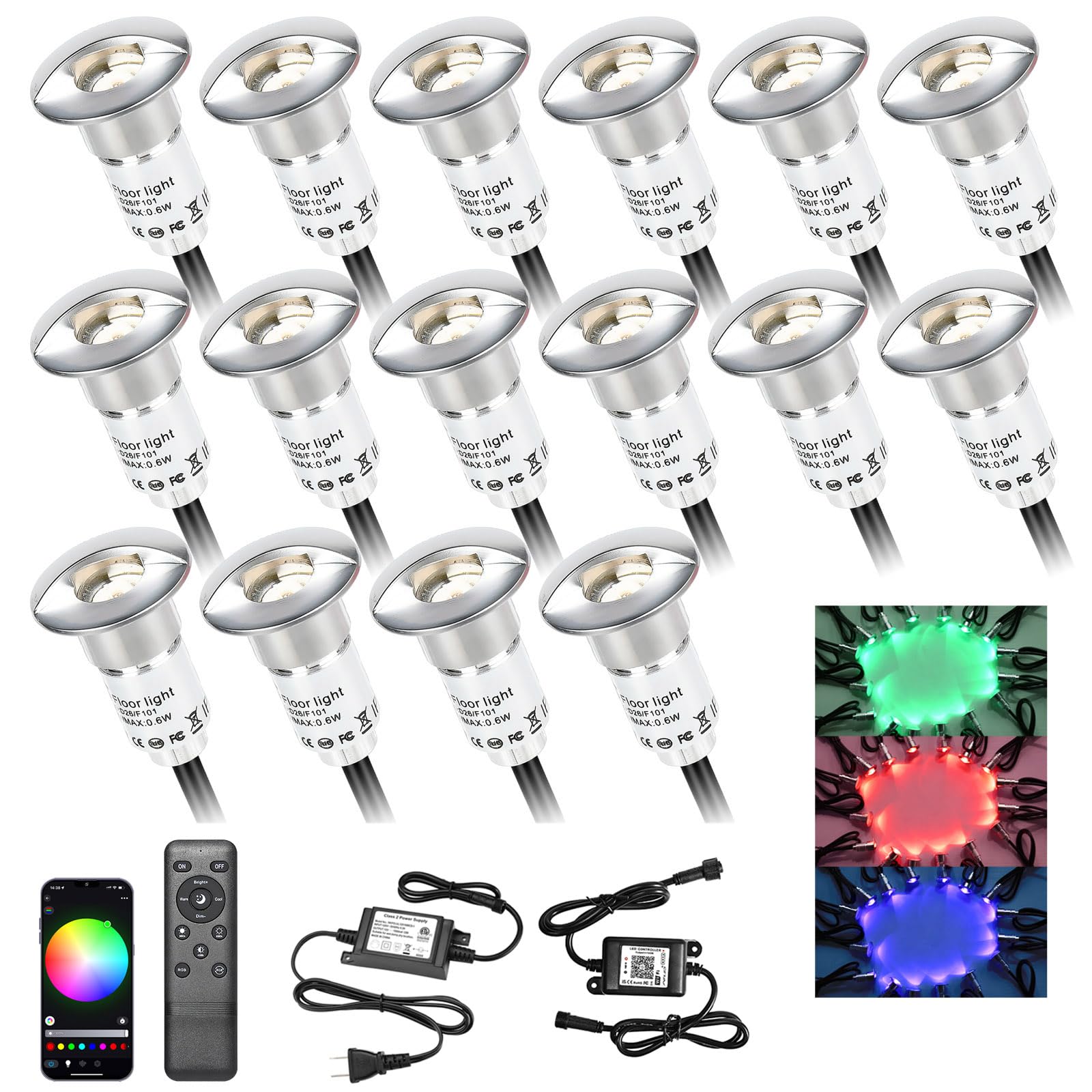 Sumaote Aluminum Deck Stair Lights Kit, Φ1.02inch Wireless Smart Phone Control Low Voltage RGB Step Lights Waterproof Outdoor Deck Rail Stairs Fence Yard Landscape Lighting