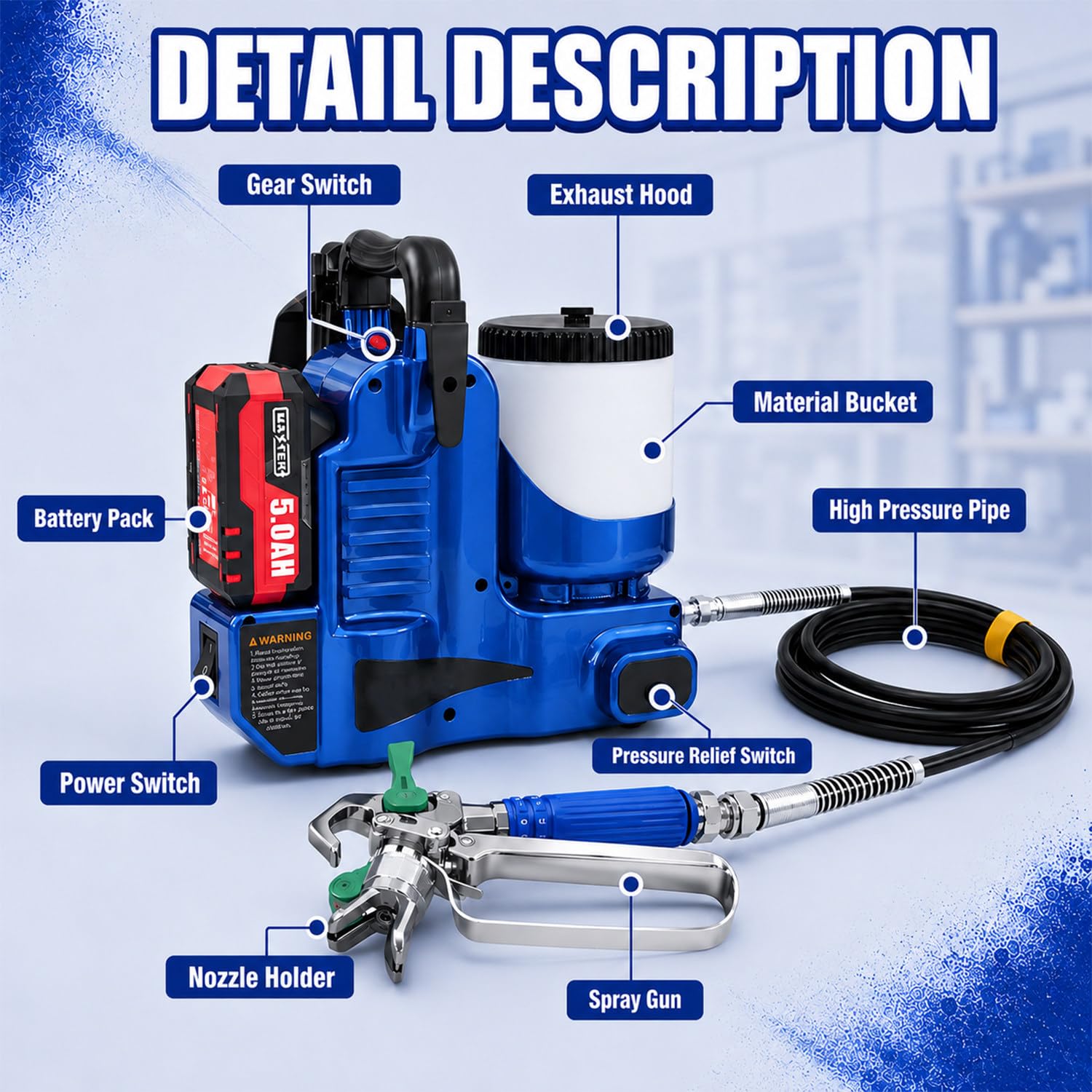 Pistola De Pintura Electrica,Maquina De Pintura Airless,Pistola De Pintar | Capacidad De 1.2 L, Barra De Extensión De 30 Cm, Presión De 12.5 Mpa, Presión Ajustable En 6 Niveles, Caudal De 2 L/Min