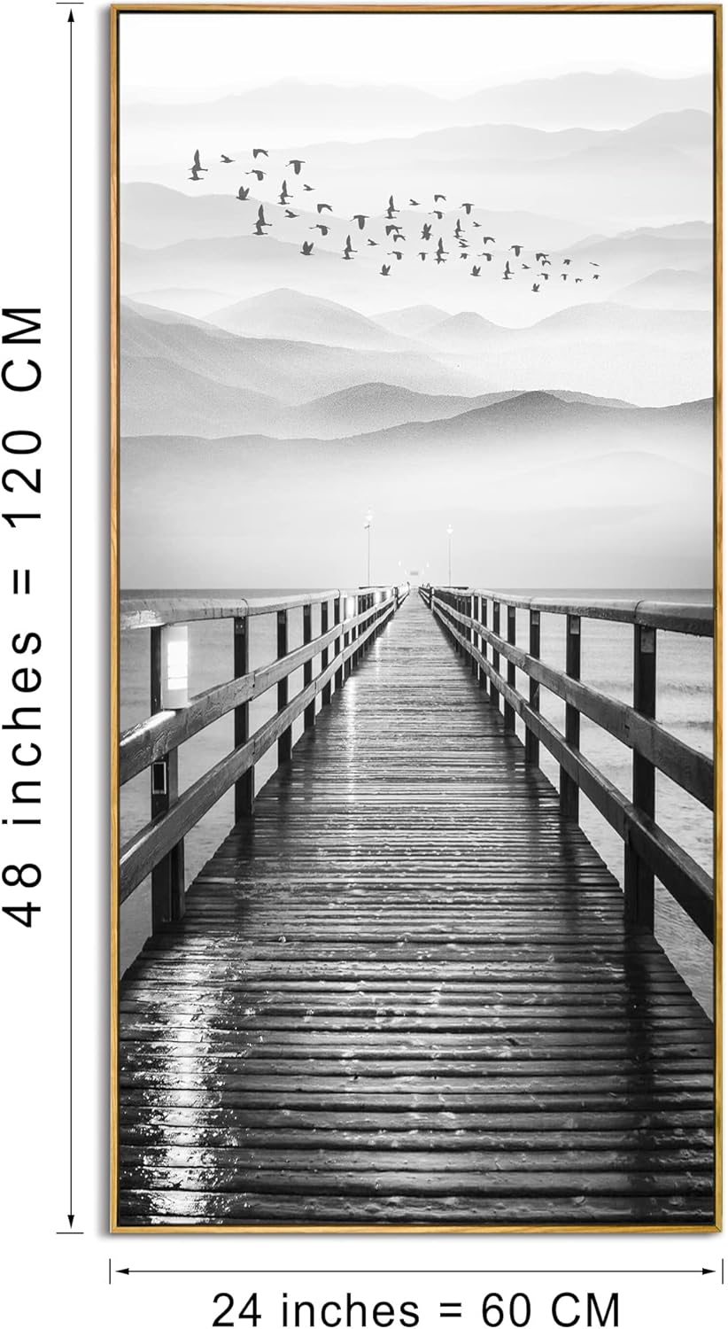 Piy Painting Natural Extra Framed Canvas Wall Art of Lake for Aisle Corridor,Black & White Pier with Bird Flying Canvas Picture Print Decor,Vertical Wharf Mountain Landscape Artwork,Graphic Art Prints 24x48 IN
