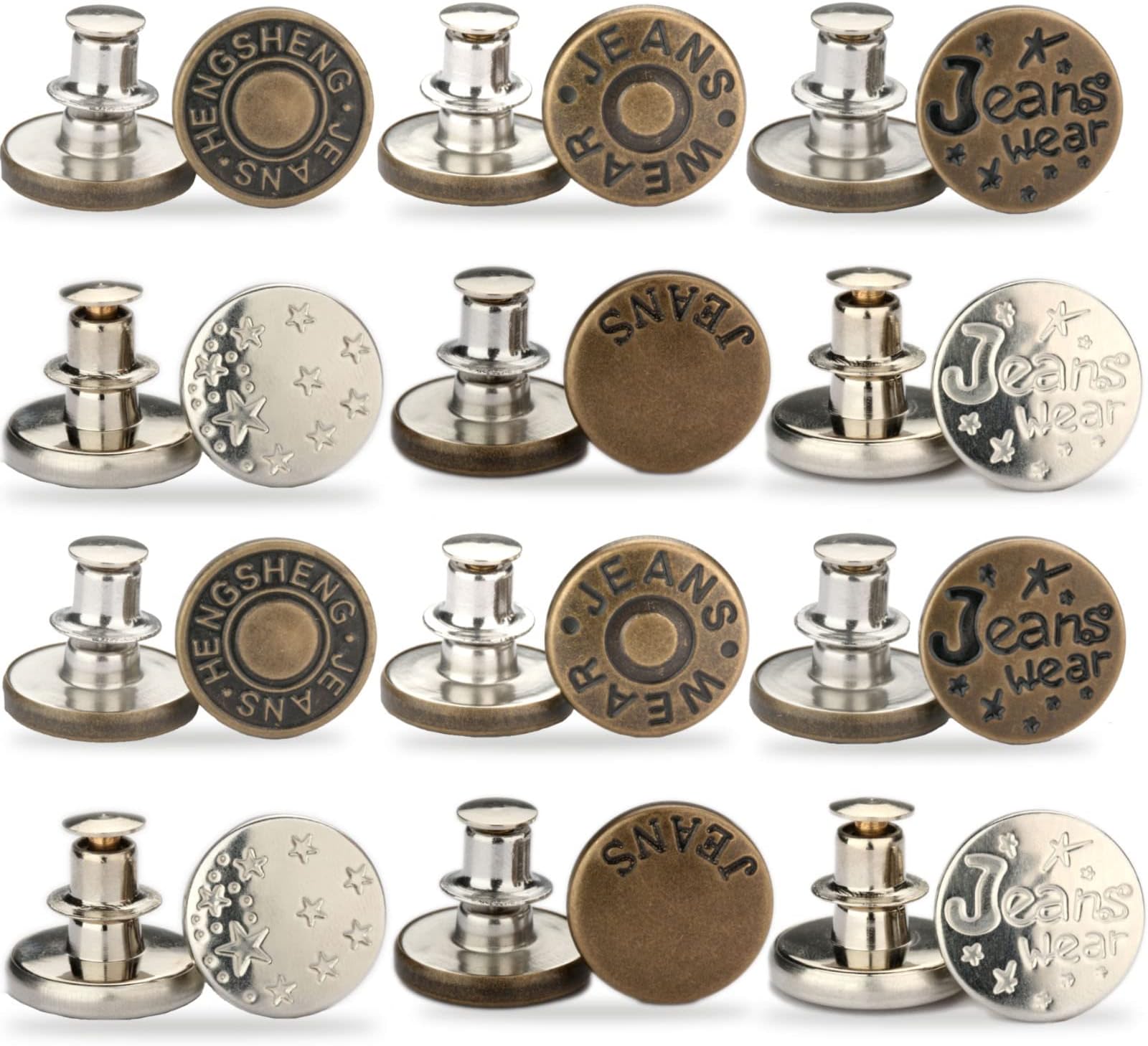 12 Sets Perfect Fit Instant Jean Button, Adjustable Jean Button Pins Metal Clips Snap Tack, Metal Jean Buttons for Loose Jeans, Make Pants Waist Tighter Instant.