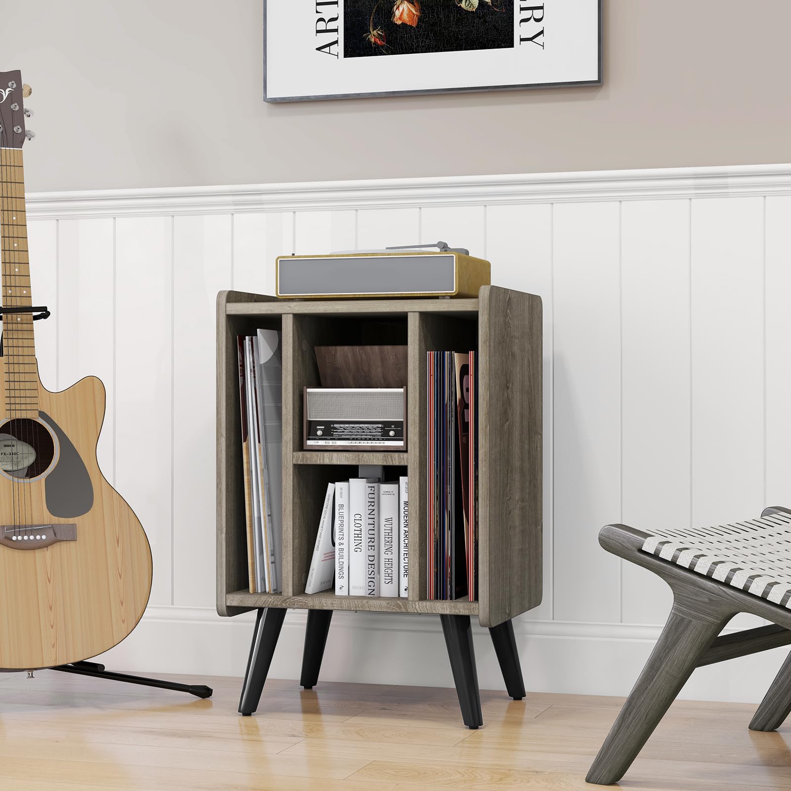 RELAX4LIFE Supporto per Giradischi con Stazione di Ricarica, Porta Vinili con 4 Scomparti Aperti, Espositore per Dischi, Carico Max 90kg per Ufficio, Studio, Camera da Letto