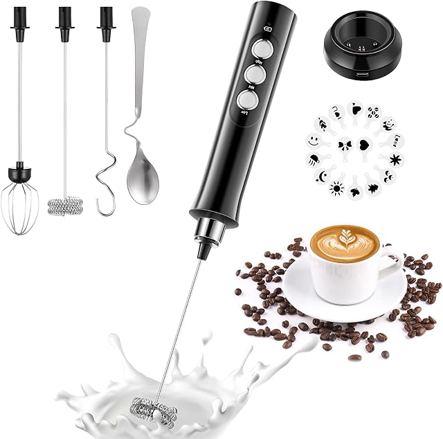BOKQTTN Milk Frother Handheld, Coffee Frother USB Rechargeable Electric Foam Maker Egg Beater with Double Spring Whisk Head for Cappuccino, Frappe, Matcha, Hot Chocolate, Lattes