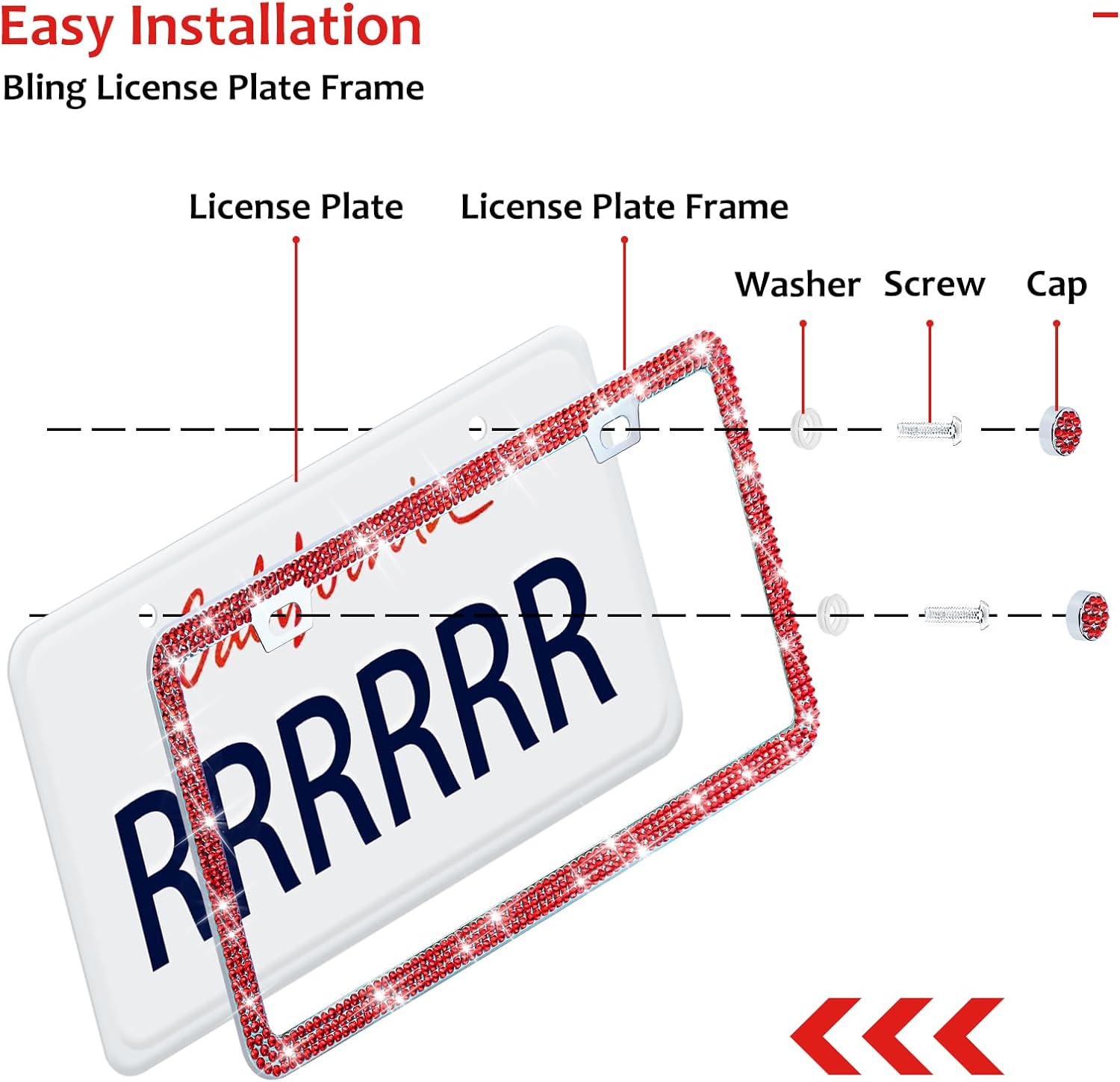 Bling License Plate Frames for Women, 2pcs Rhinestone License Plate Frames with Screws Kits,Sparkly Handmade Glitter Crystal Diamond Stainless Steel Car License Plate Holder(Red)