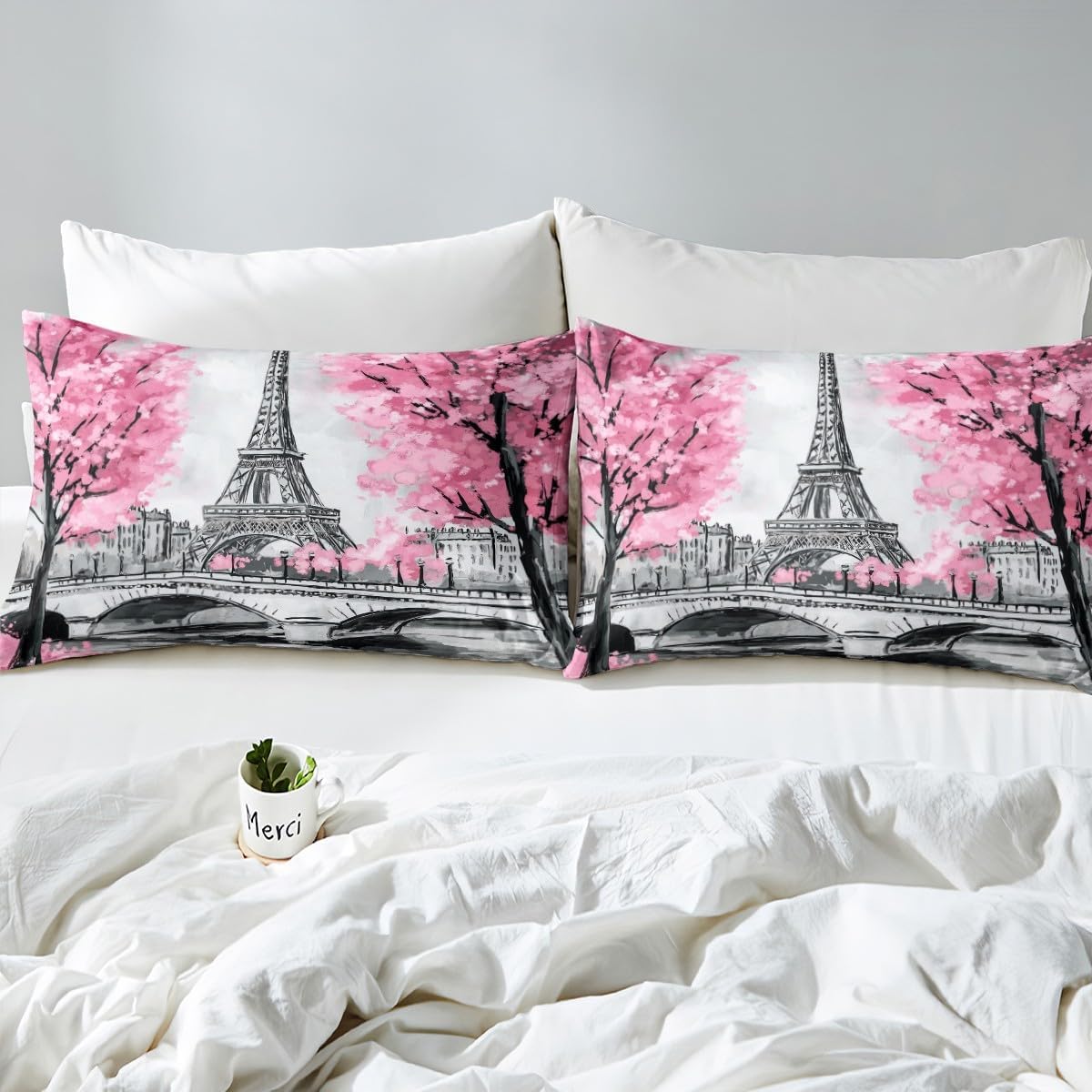 jejeloiu Paris Decor Bedding Set French Eiffel Tower Duvet Cover Set Kids Boys Girls Pink Cherry Blossoms Comforter Cover Paris Tower Quilt Cover with 1 Pillowcase 2Pcs Bedding Toddler,No Comforter
