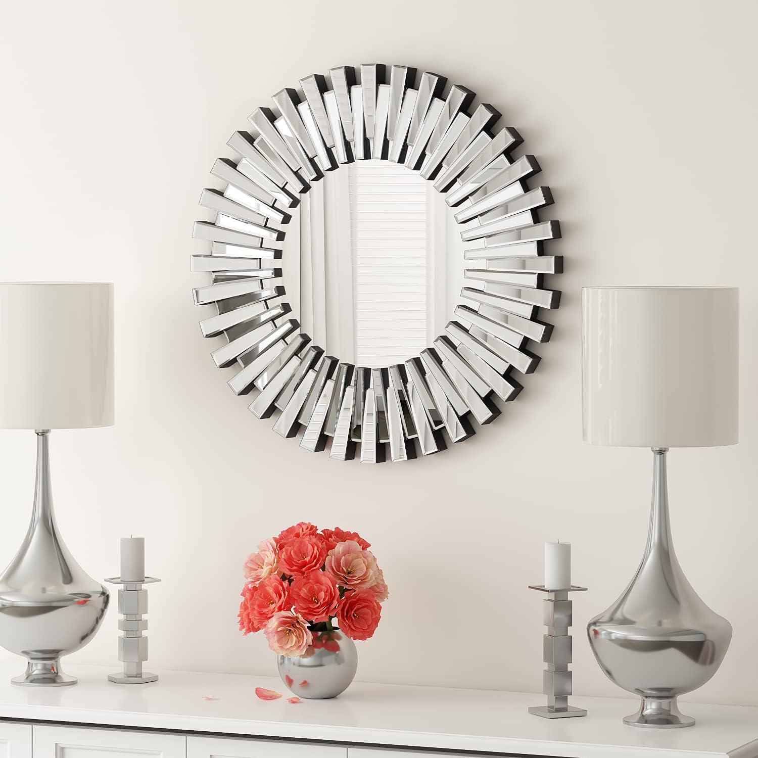 SHYFOY 24 inch Decorative Wall Mirrors, Round Mirror for Wall Decor, Sunburst Modern Silver Decor, Wall-Mounted Hanging Accents Mirror for Living Room Bathroom Bedroom Fireplace