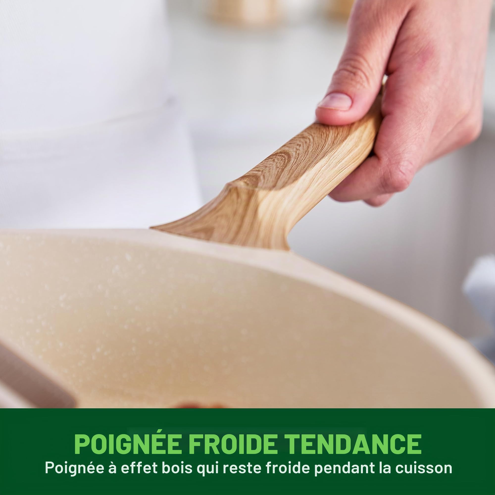 GreenChef Arte Lot de 2 poêles antiadhésives en céramique sans PFAS avec manche en bois Crème 24 cm et 28 cm