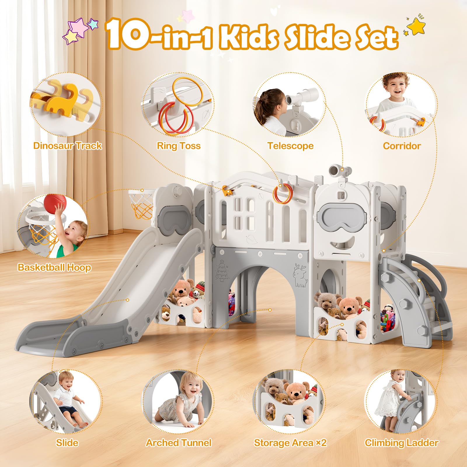 Lischwert 10-in-1 Bärenhaus Kinderrutsche 145cm, EN71 bis 50kg, Spielplatz mit Tunnel Basketballkorb Fernglas Wurfspiel, Indoor Outdoor Spielset ab 1 Jahr, Beige-Grau
