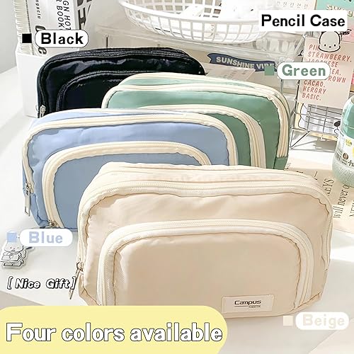 Miniatura 6 de Estuche grande de tres capas con cremallera para lápices, suministros de papelería para adolescentes, niñas, niños y estudiantes (beige)