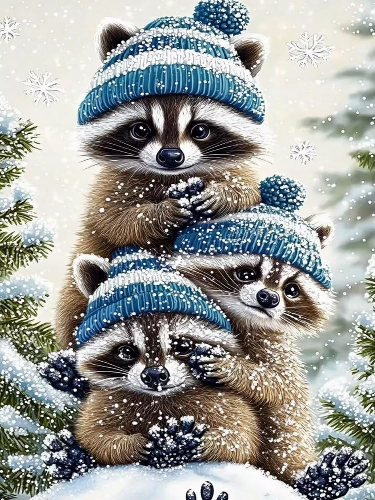 WELIWE 5D Diamond Painting Kits Raccoon & Snowflakes DIY Diamond Art Canvas Crystal Crafts Painting Pictures for Adults Home Wall Decor 40x50 cm