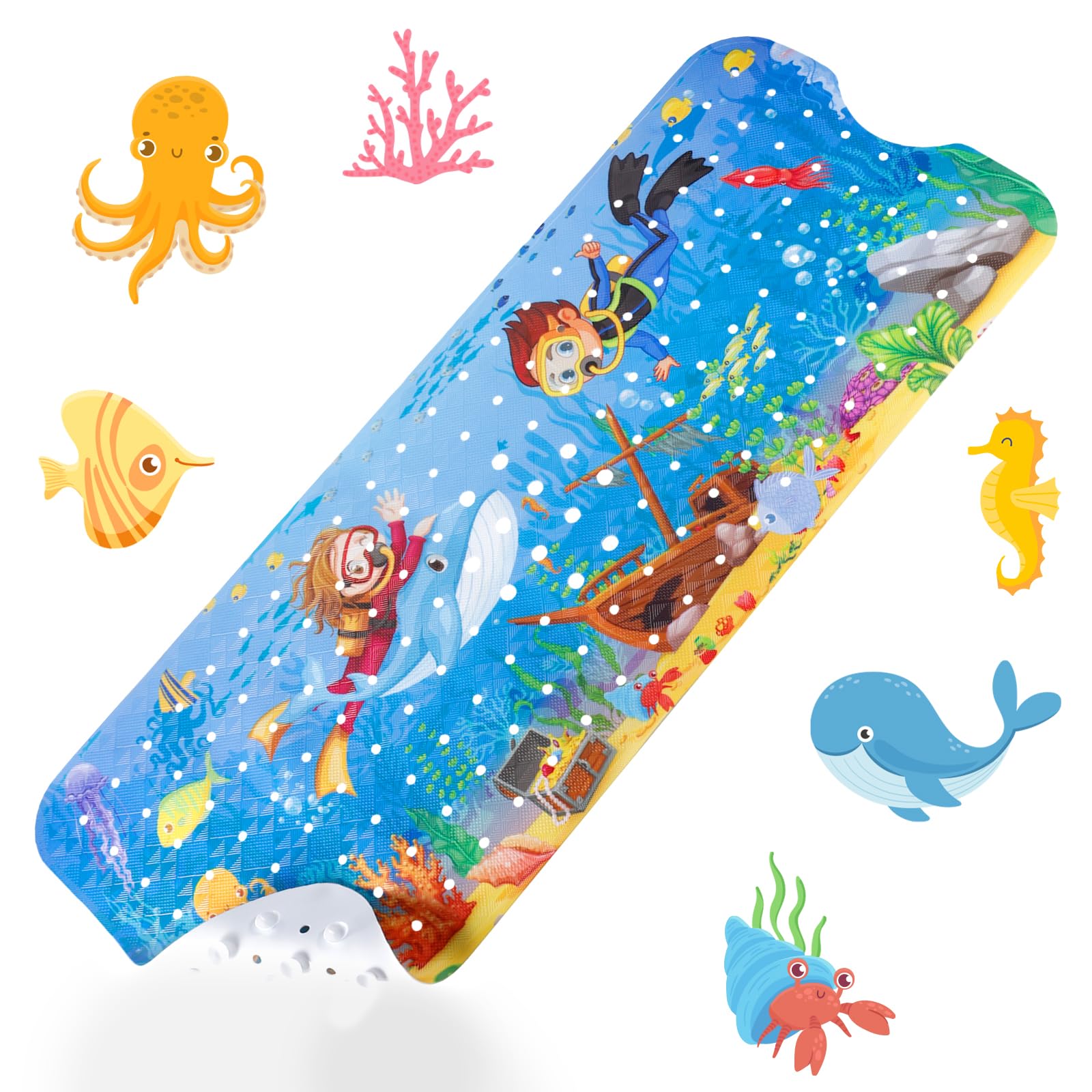 CIRULLI Antypoślizgowa mata do kąpieli dla dzieci 100 x 40 cm - wanna antypoślizgowa, motyw morski, antypoślizgowa mata do kąpieli z 200 przyssawkami, bez BPA, odporna na pleśń i można prać w pralce