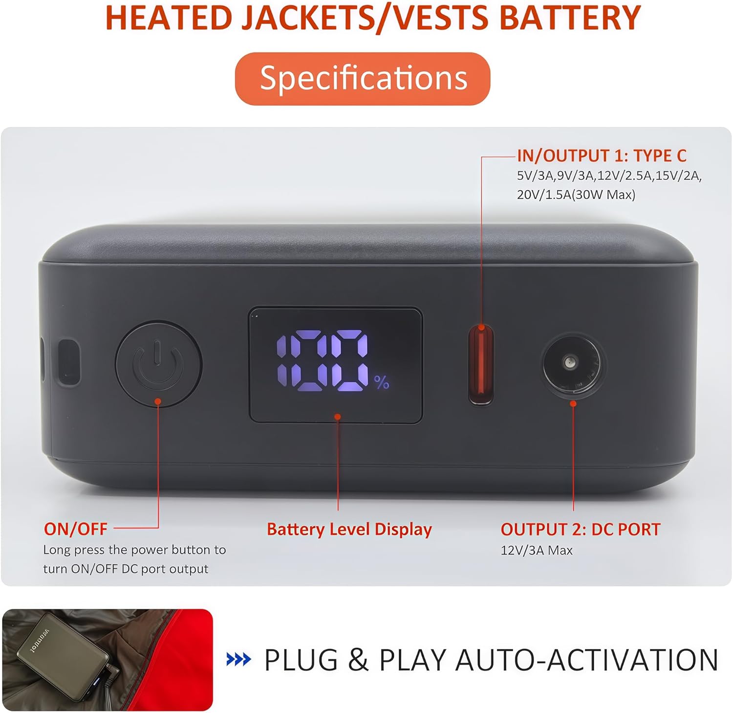 12V/7.4V Battery Pack for Heated Vests,Heated Jackets and Heated Hoodies,Compatible with Milwaukee,DEWBU,Venustas,ORORO,PD30W Power Bank for iPhone/iPad & 12V Devices (Black, Milliamp Hours, 20000)