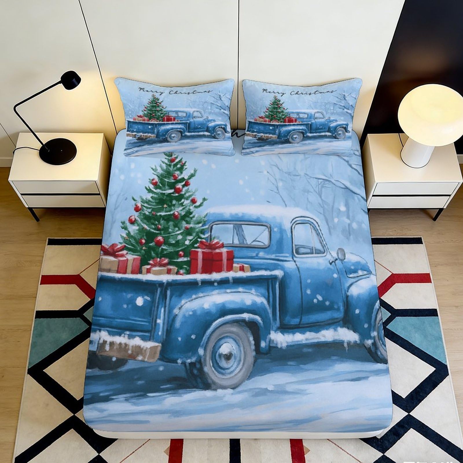 3D Printed Christmas Truck Fitted Sheet Microfiber Deep Pocket Bedding Santa Tree Non-Slip Mattress Fitted Cover Washable for Home Bedroom 140x200x25cm