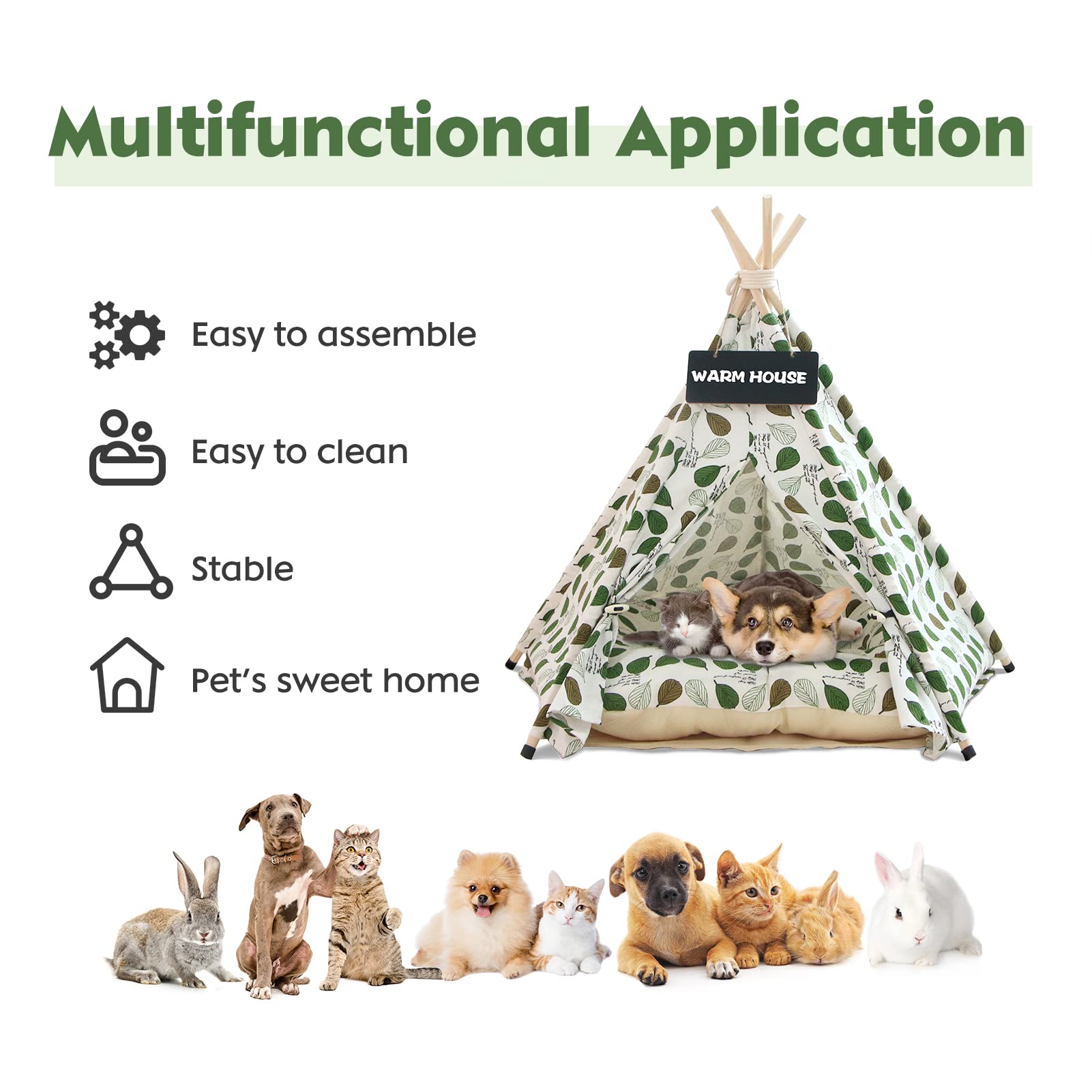 Tipi Cane Gatto di Comgagnia con Cuscino, Tenda Tipi di Lusso, Cuccia per Cane e Gatto Interno, Case per Gatto con Piccola Lavagna Nero (Green Leaf)
