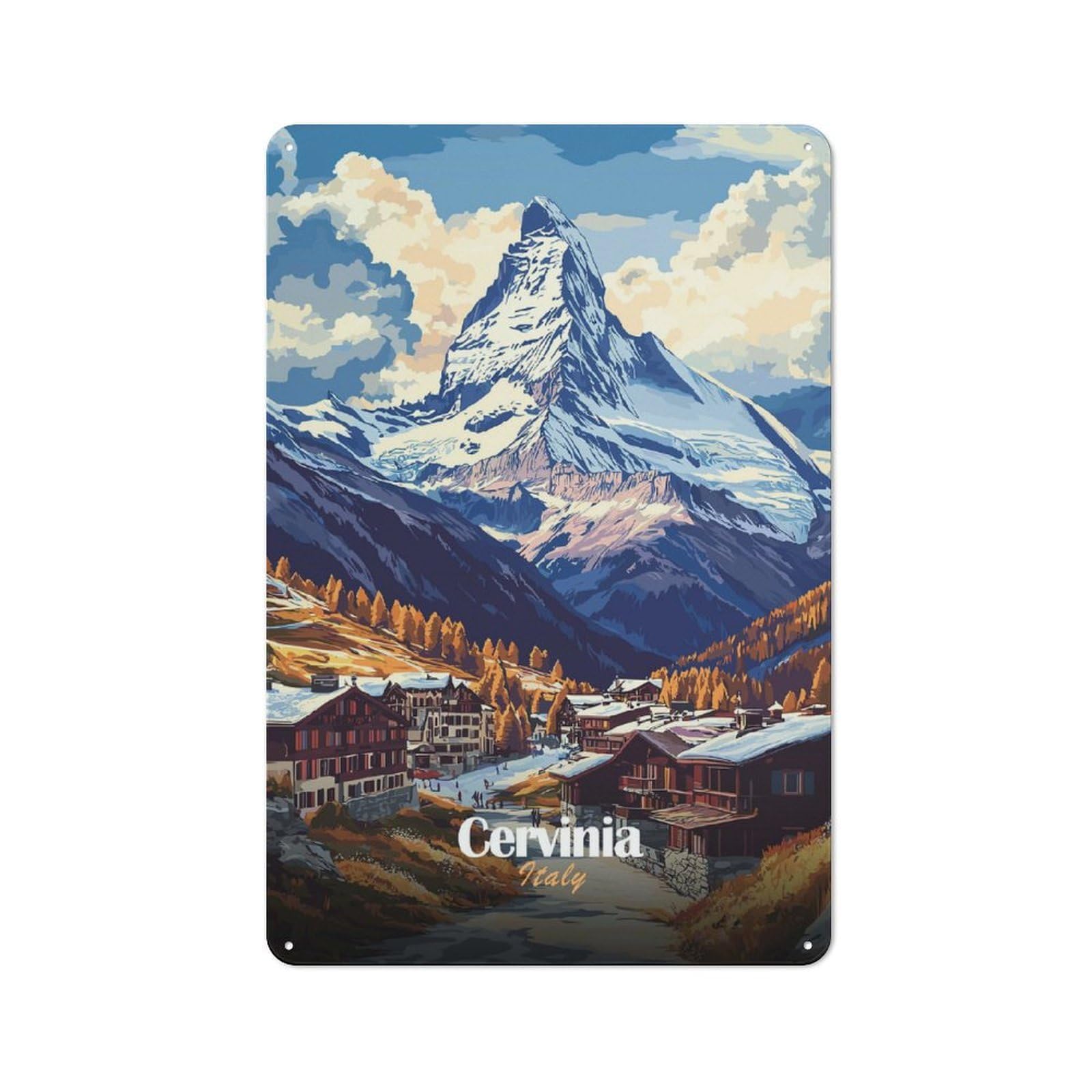 Junmoney Style-1 Cervinia Italy Mountain Landscape Retro Metal Wall Decor 30X20cm, Decorative Tin Plaque For Bar, Kitchen, Garage Or Games Room