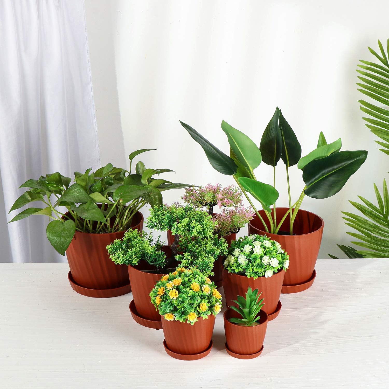 EBBCOWRY 7 Pack Flower Pots with Saucers, 3.5/4.5/5.5/6/6.5/7 /7.5in Plant Pot,Plastic Planters,Pots for Plants Indoor with Drainage Hole,Plant Nursery Pots Indoor Planter Succulents,Cactus(Claycolor)