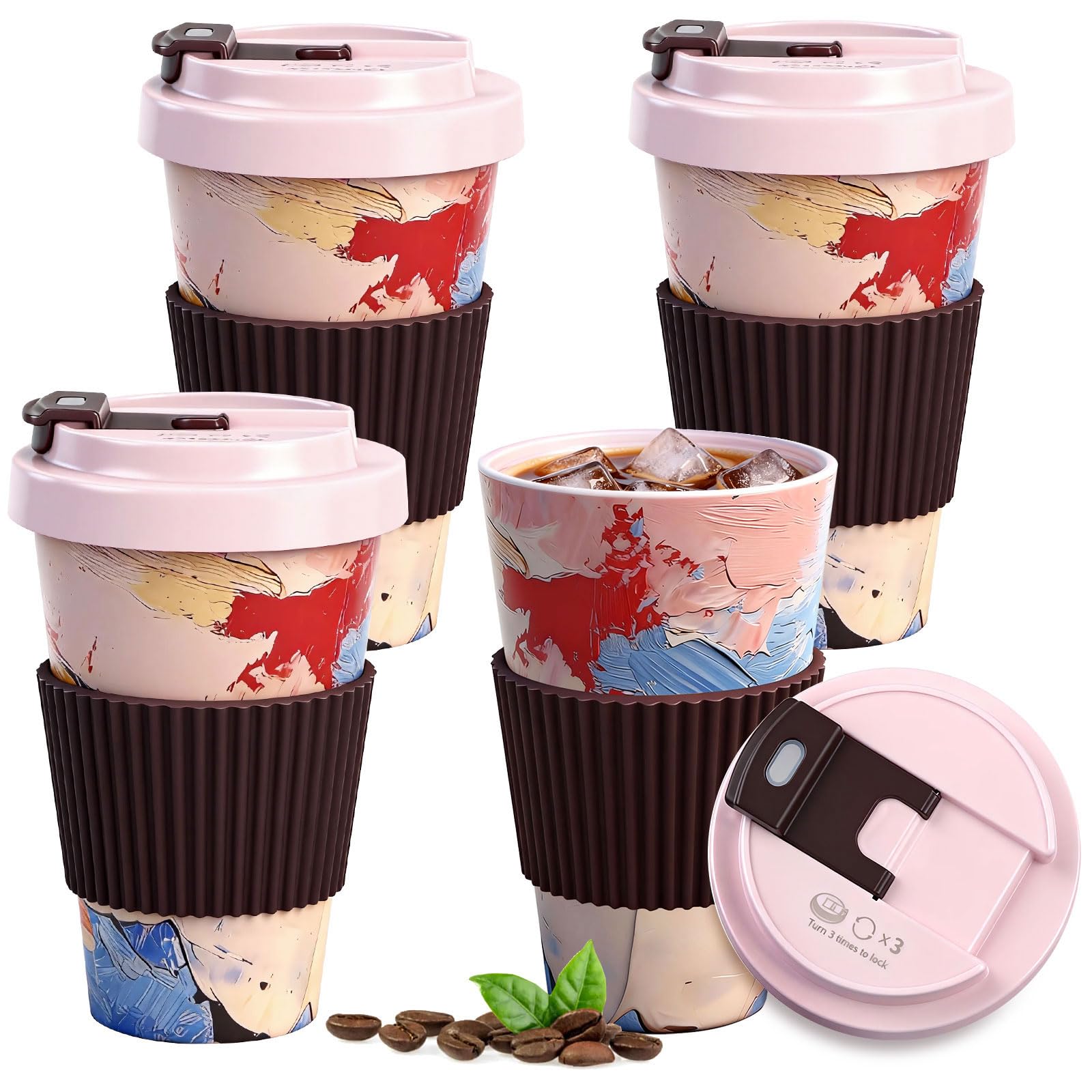 Greentainer Travel Mugs with Lids, Plastic Unbreakable Leakproof Coffee Cups, 400ml Reusable to Go Camping Tumbler for Cold Water, Beer, Milk, Dishwasher & Microwave Safe, Set of 4,Pink