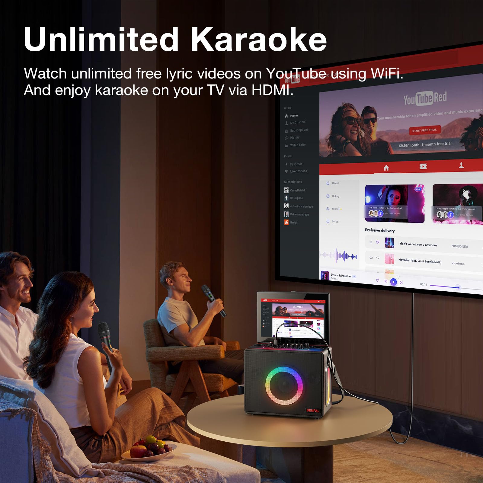 Máquina de karaoke inteligente con pantalla de letras, pantalla táctil integrada de 14 pulgadas | Altavoz de potencia de 600 W y dos micrófonos inalámbricos, sistema PA portátil para el hogar o fiesta al aire libre