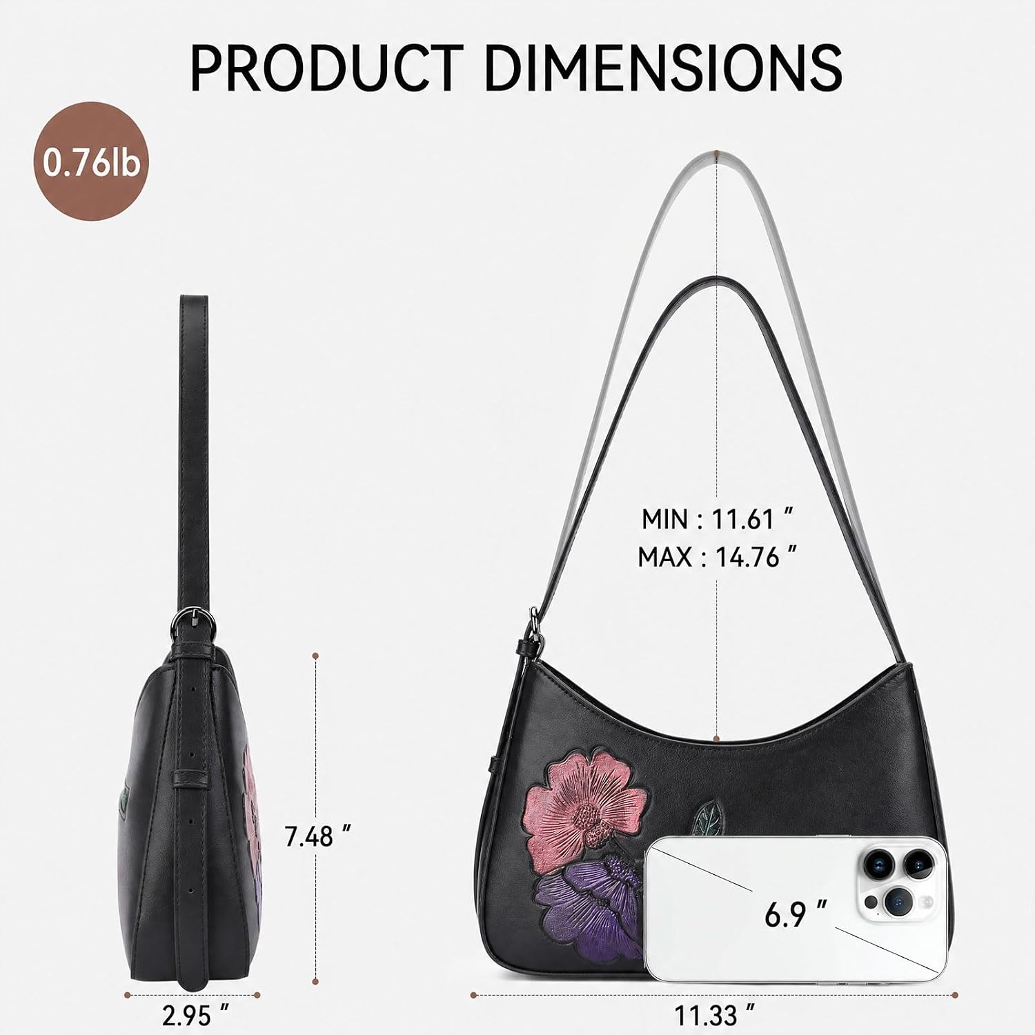 BELTAN Shoulder Bag for Women Floral Embossed Vegan Leather Small Purse Crescent Underarm Hobo Handbag with Adjustable Strap